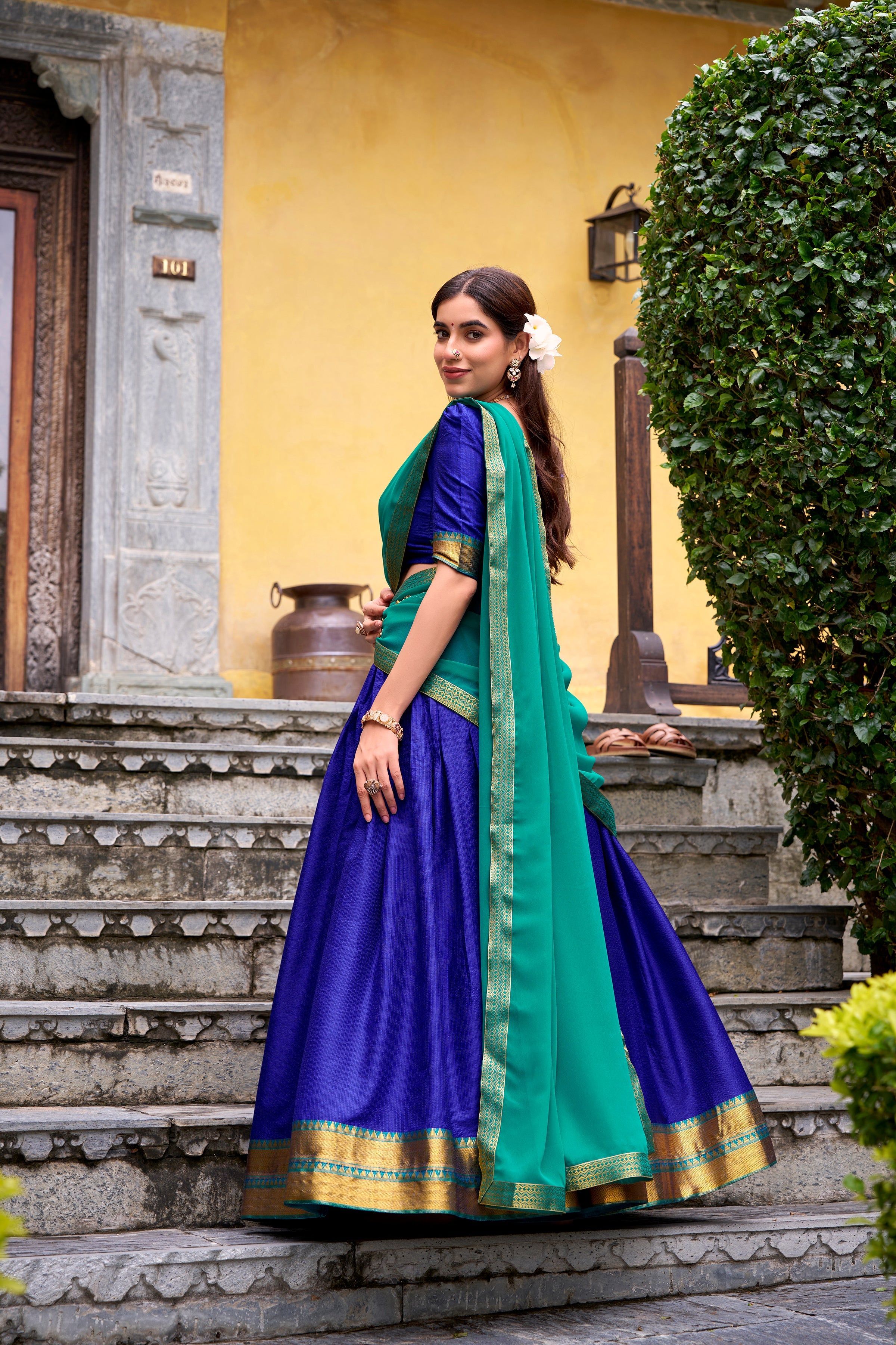 Mira royal blue poly cotton half saree lehenga with zari weaving work