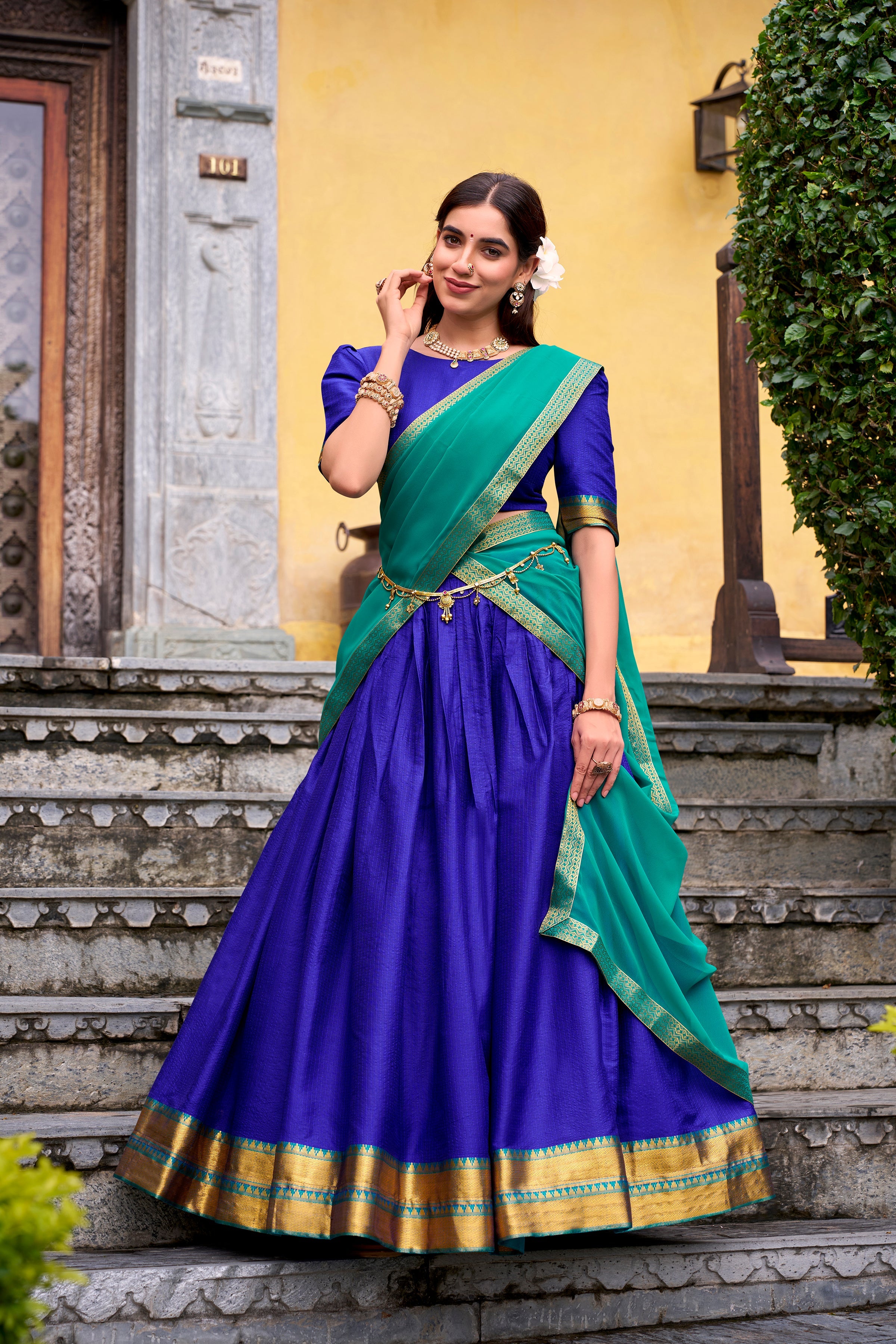 Mira royal blue poly cotton half saree lehenga with zari weaving work