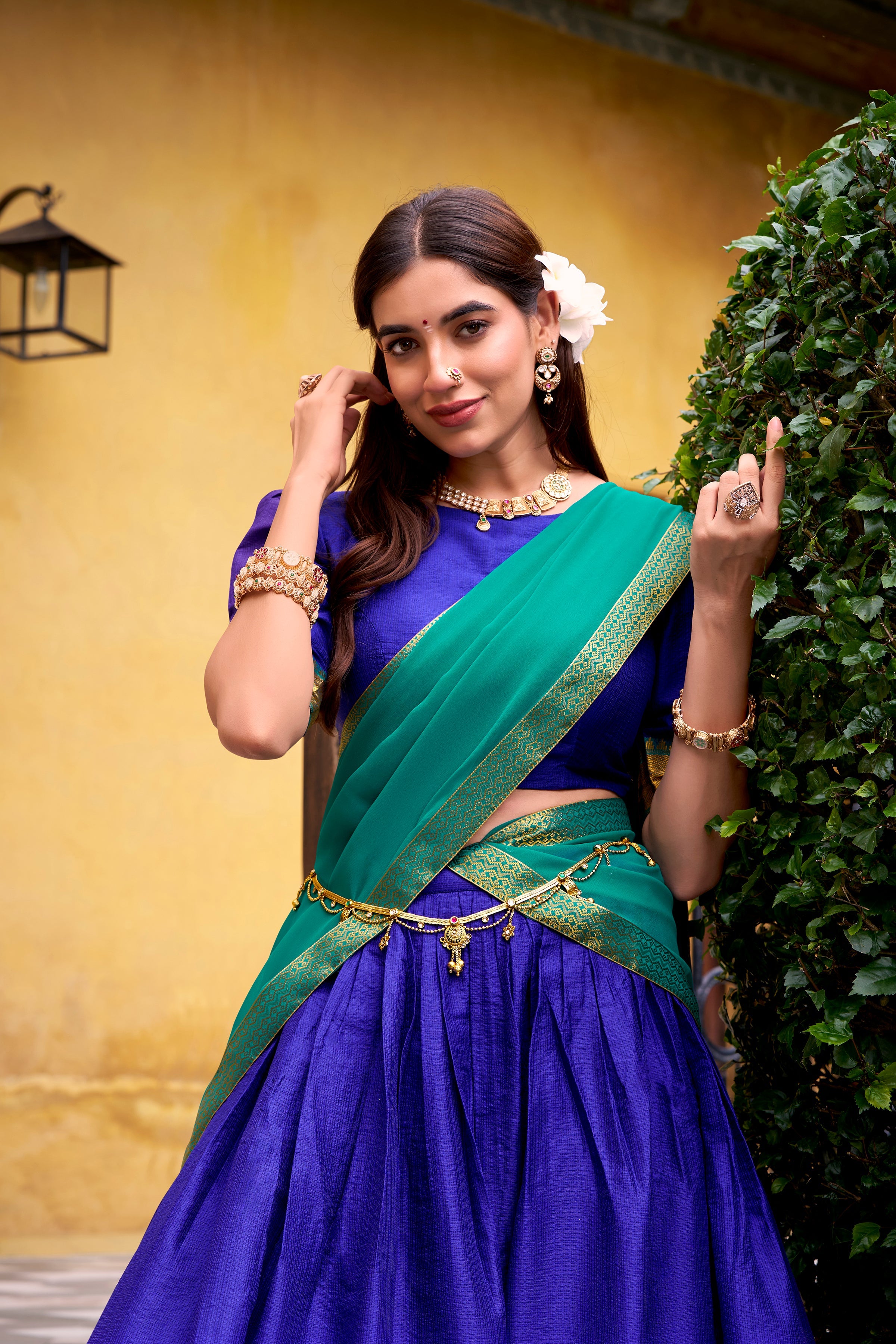 Mira royal blue poly cotton half saree lehenga with zari weaving work