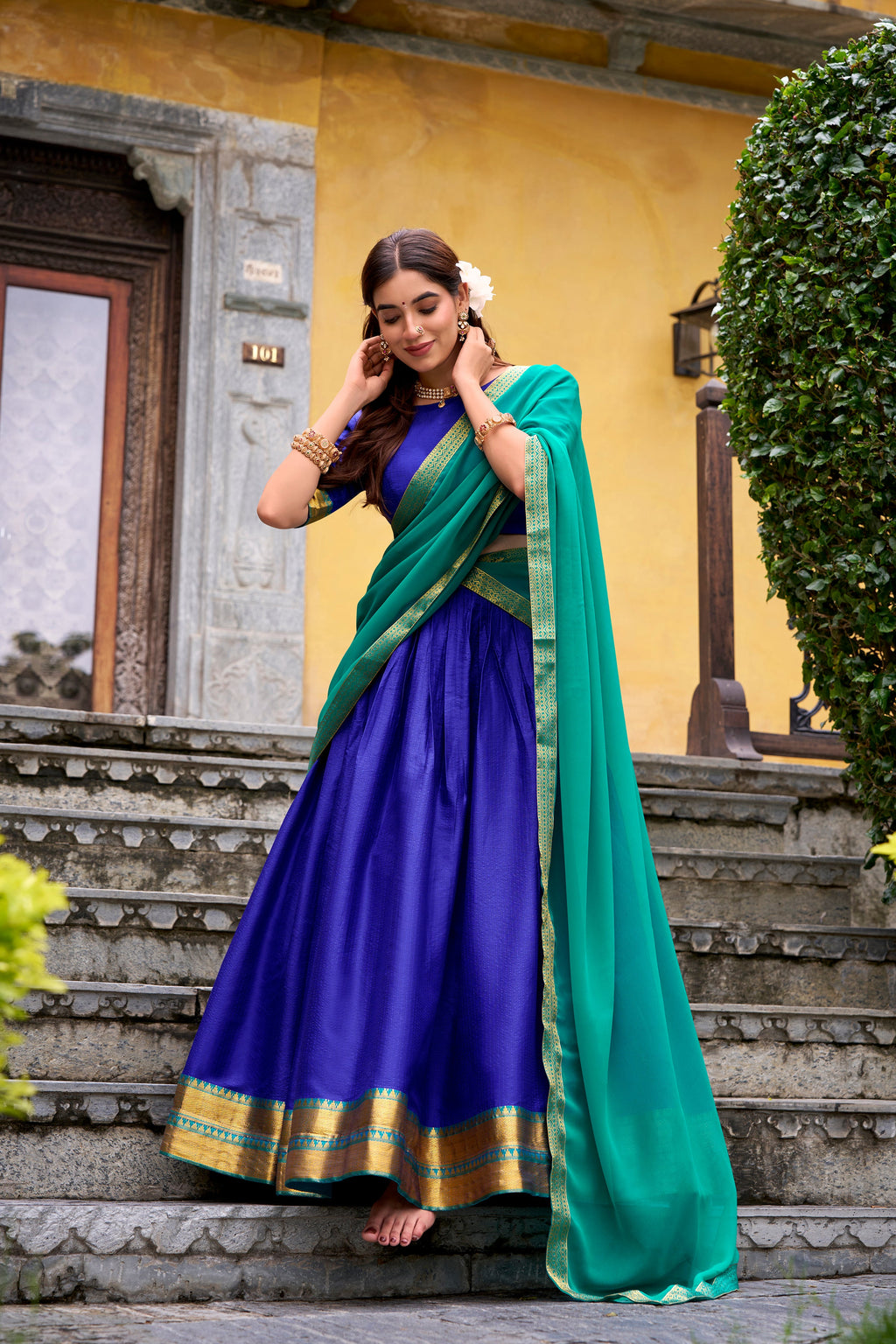 Mira royal blue poly cotton half saree lehenga with zari weaving work