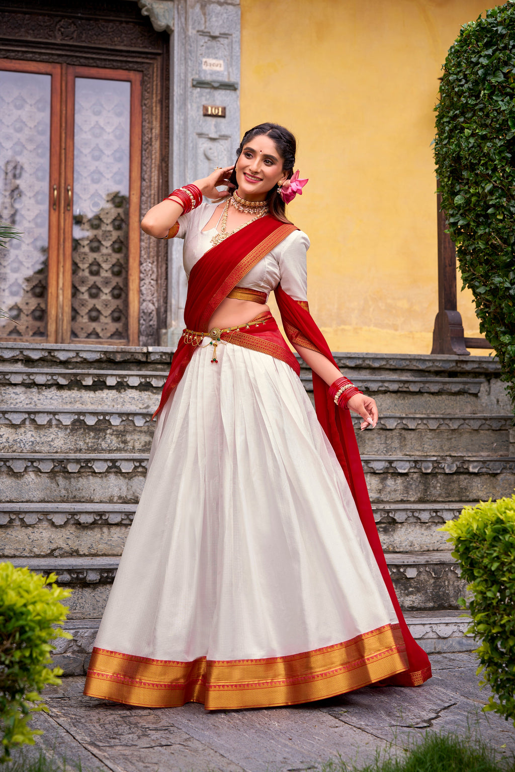 Mira white poly cotton half saree lehenga with zari weaving work