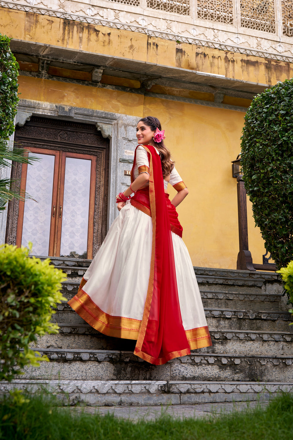Mira white poly cotton half saree lehenga with zari weaving work