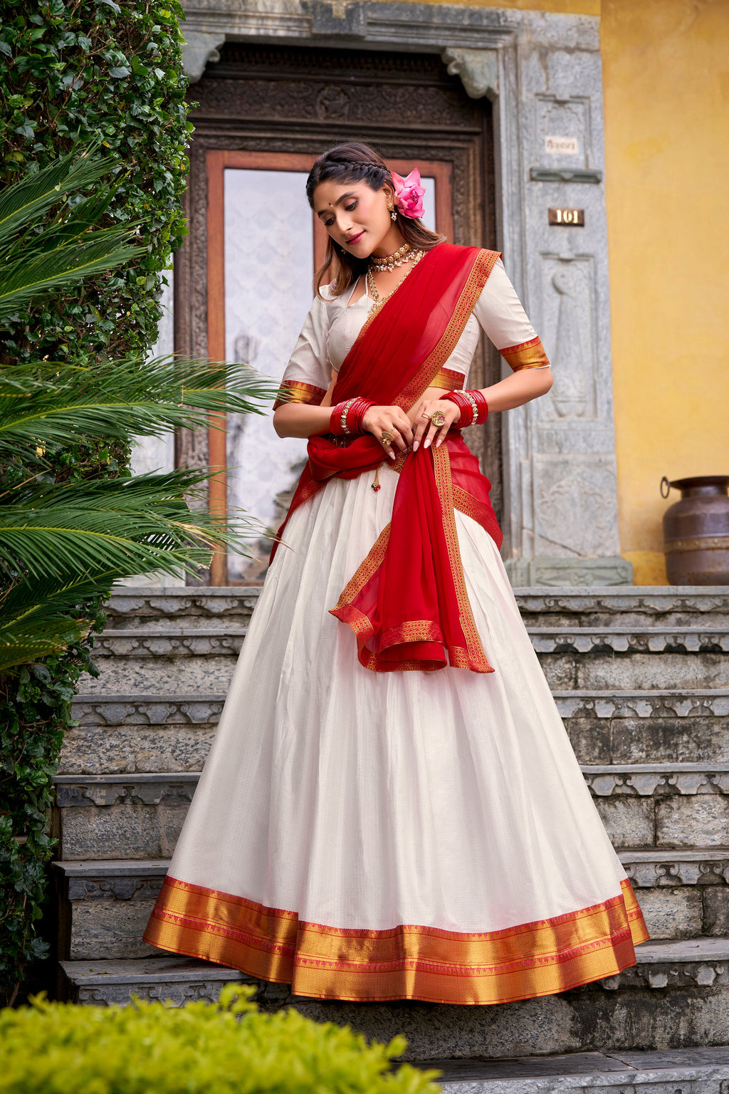 Mira white poly cotton half saree lehenga with zari weaving work