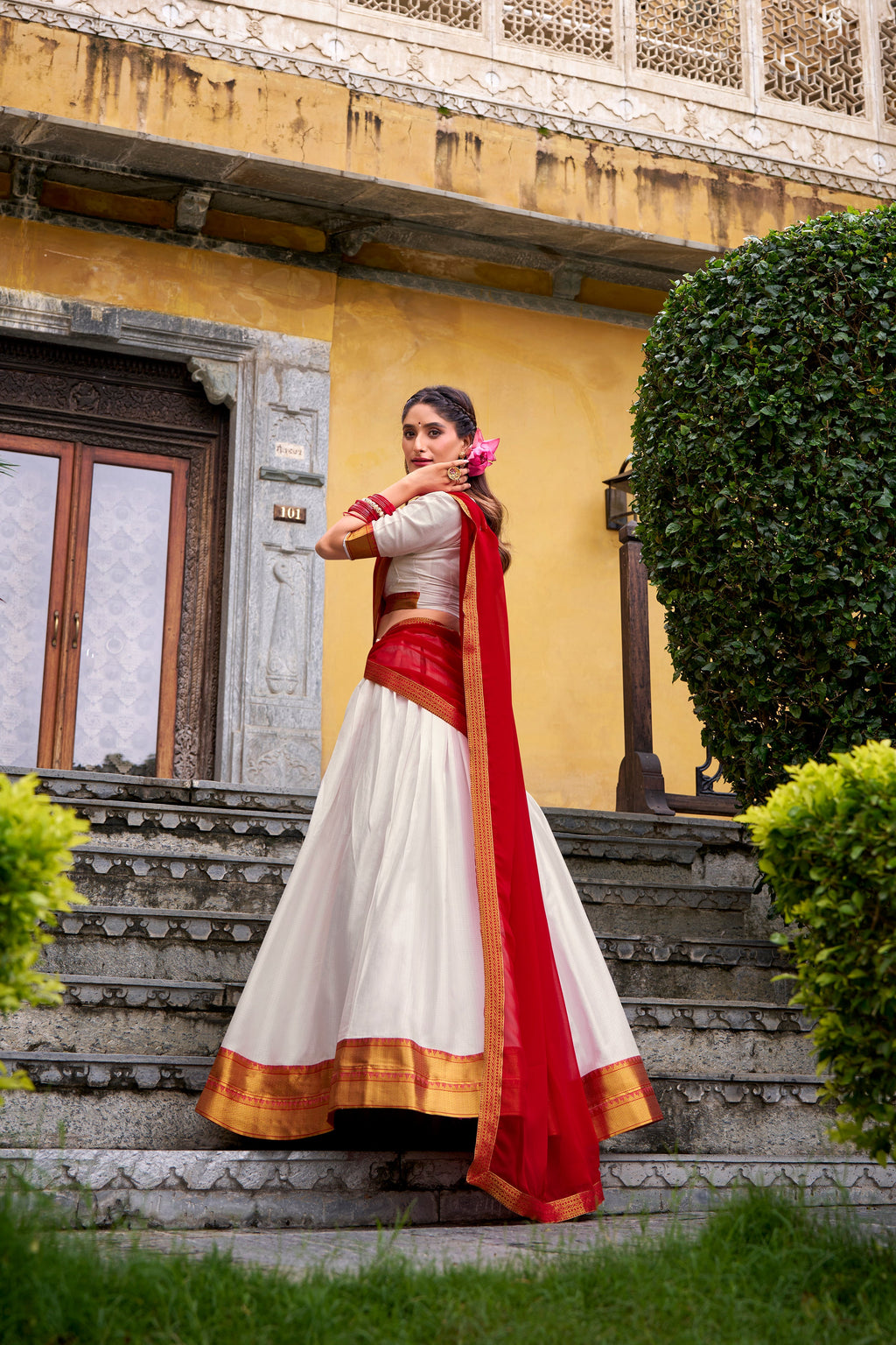 Mira white poly cotton half saree lehenga with zari weaving work