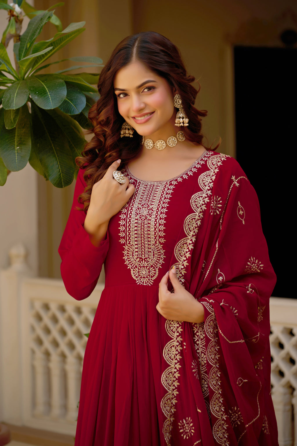 Mridula maroon faux blooming sequins embroidered gown with dupatta