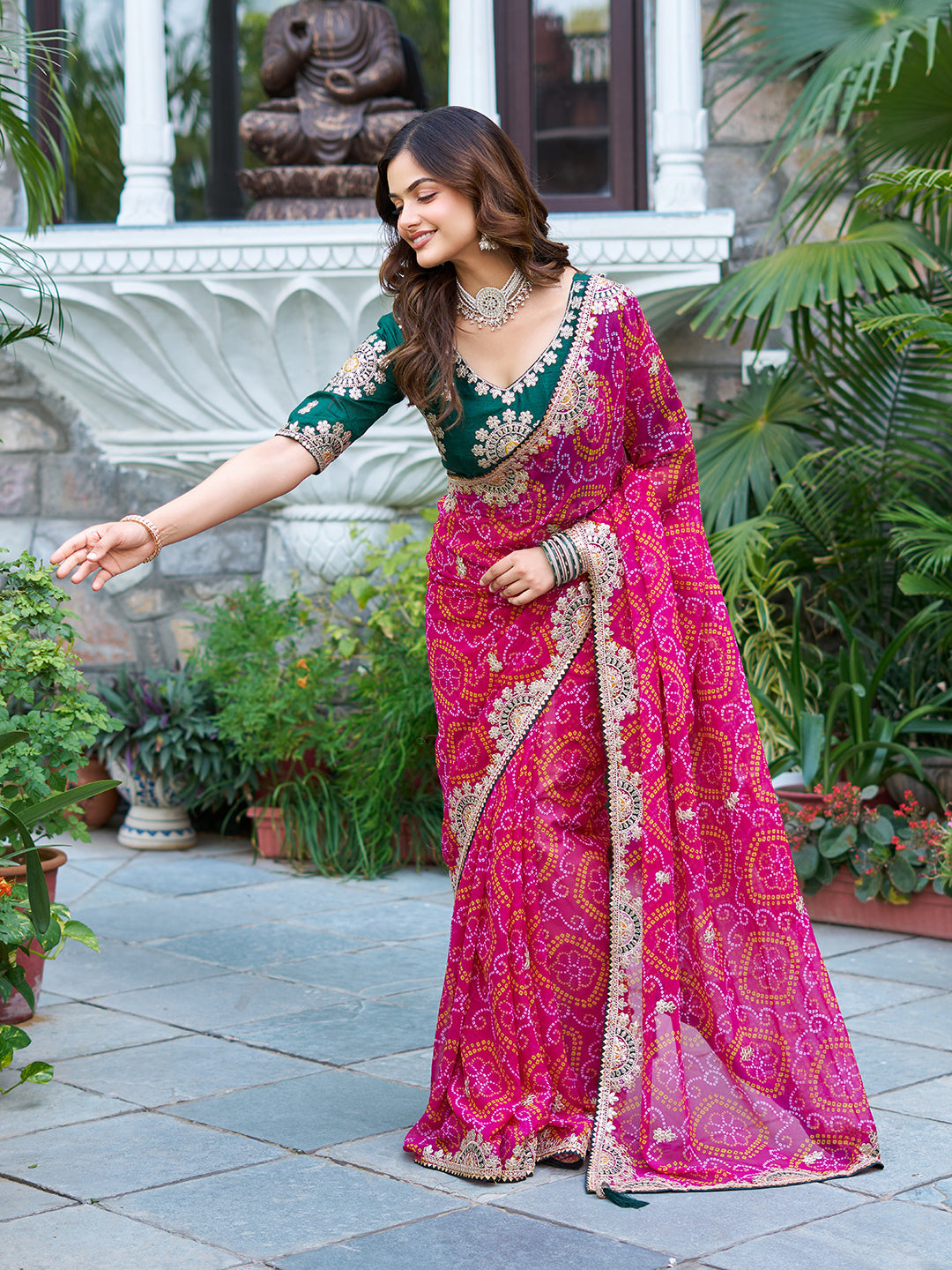 Mrinalini pink gota patti work pure bandhani saree
