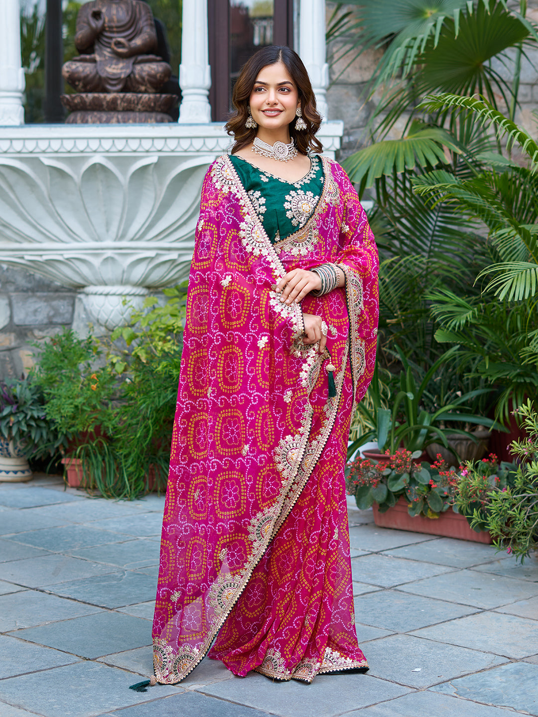 Mrinalini pink gota patti work pure bandhani saree