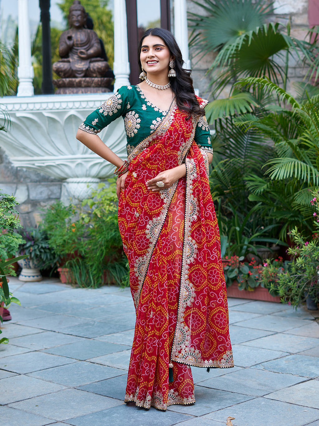 Mrinalini red color gota patti work pure bandhani saree