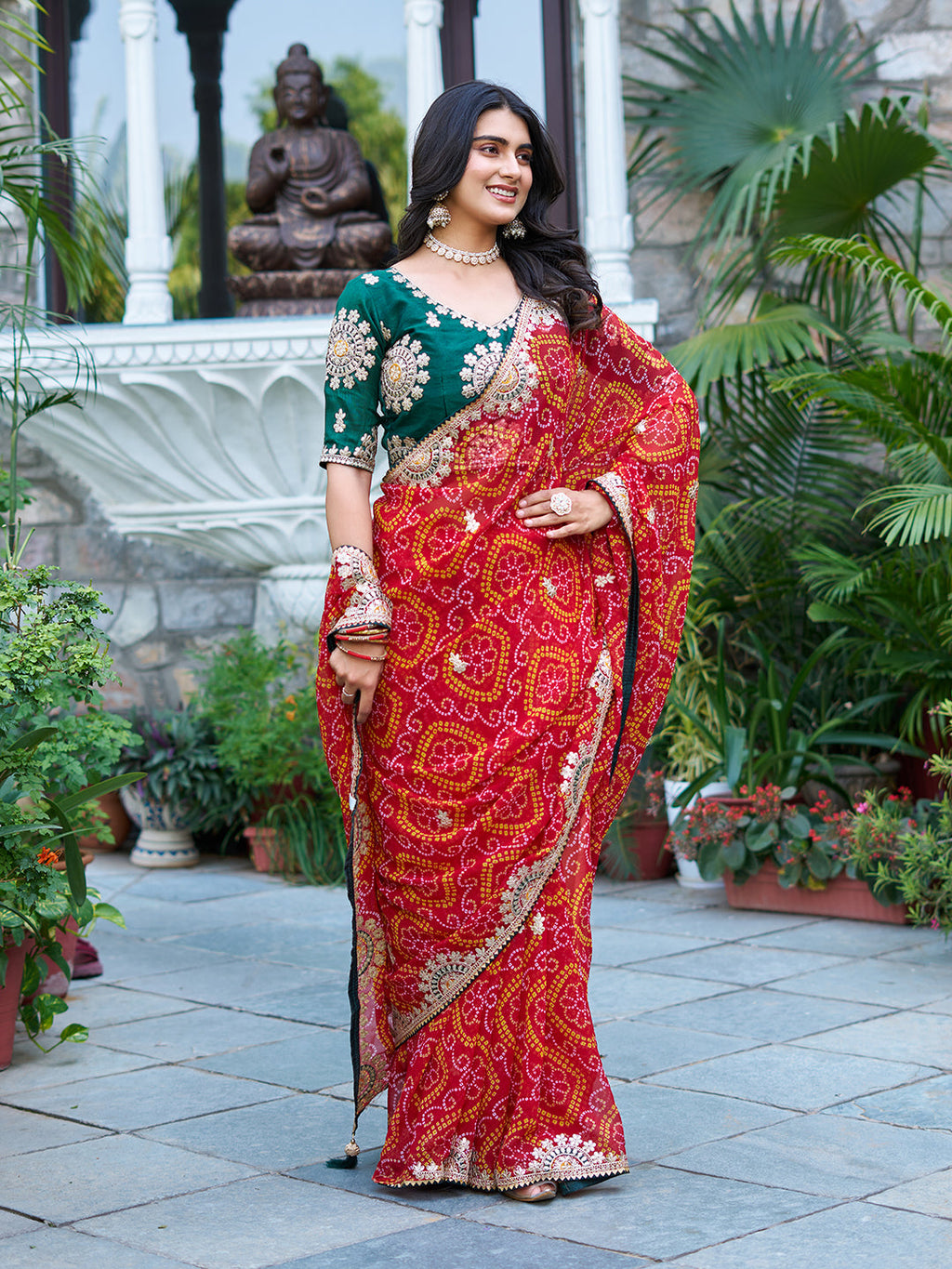 Mrinalini red color gota patti work pure bandhani saree