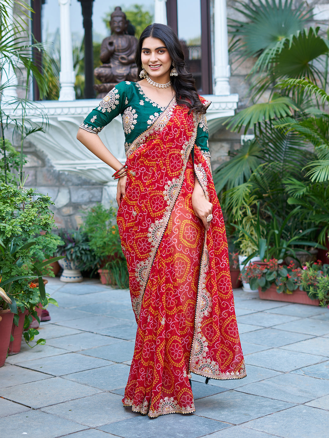 Mrinalini red color gota patti work pure bandhani saree