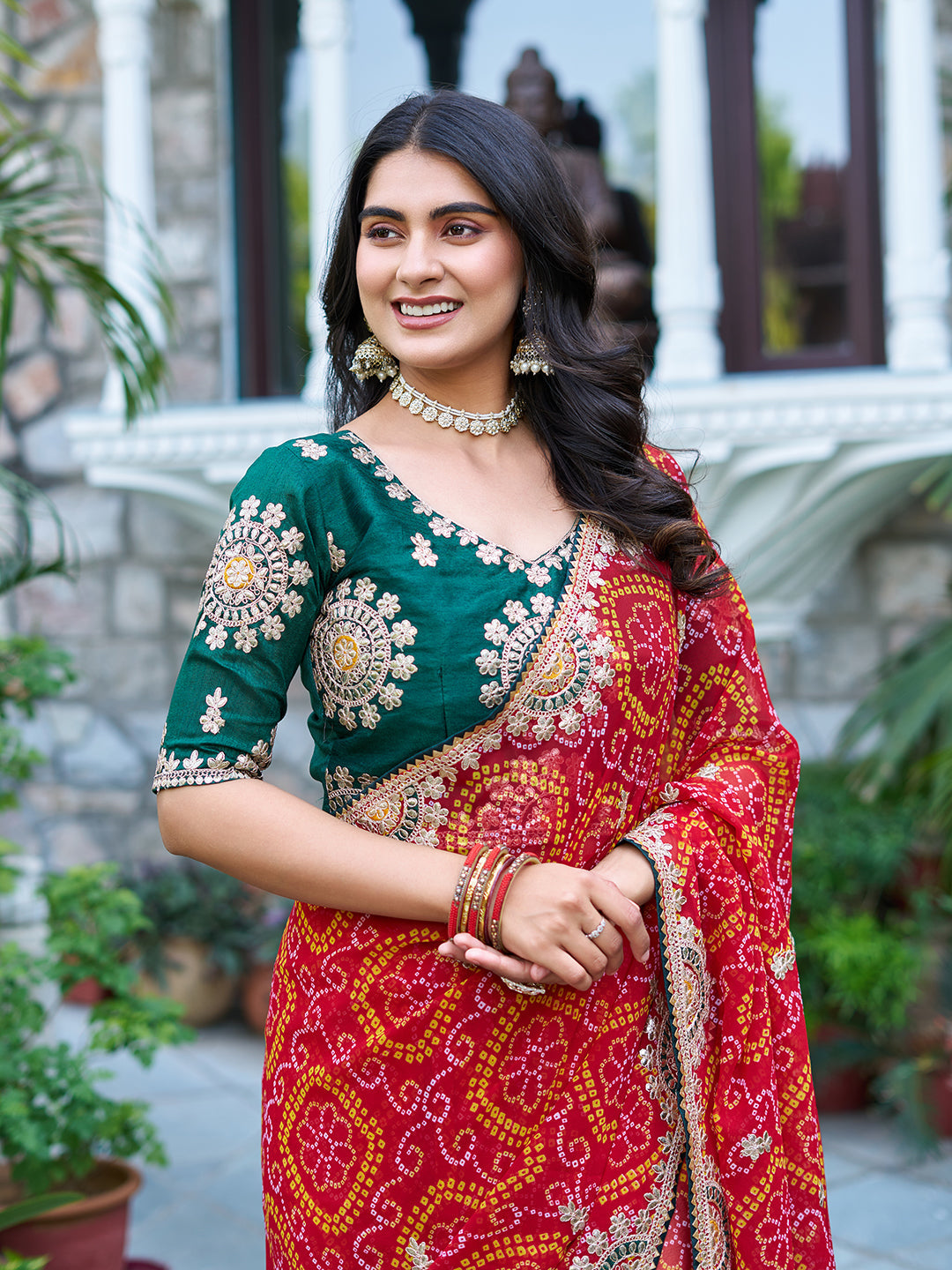 Mrinalini red color gota patti work pure bandhani saree