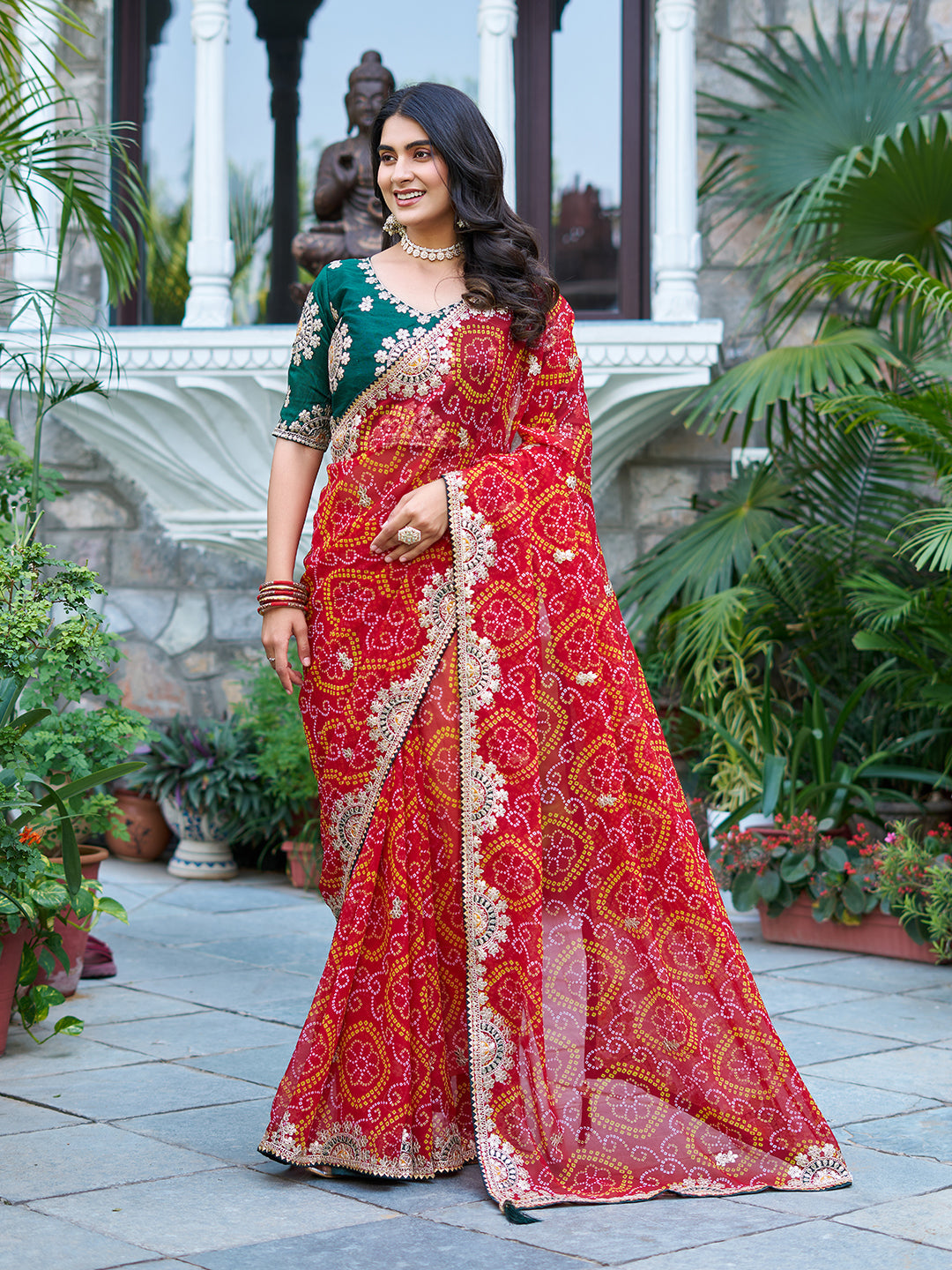 Mrinalini red color gota patti work pure bandhani saree