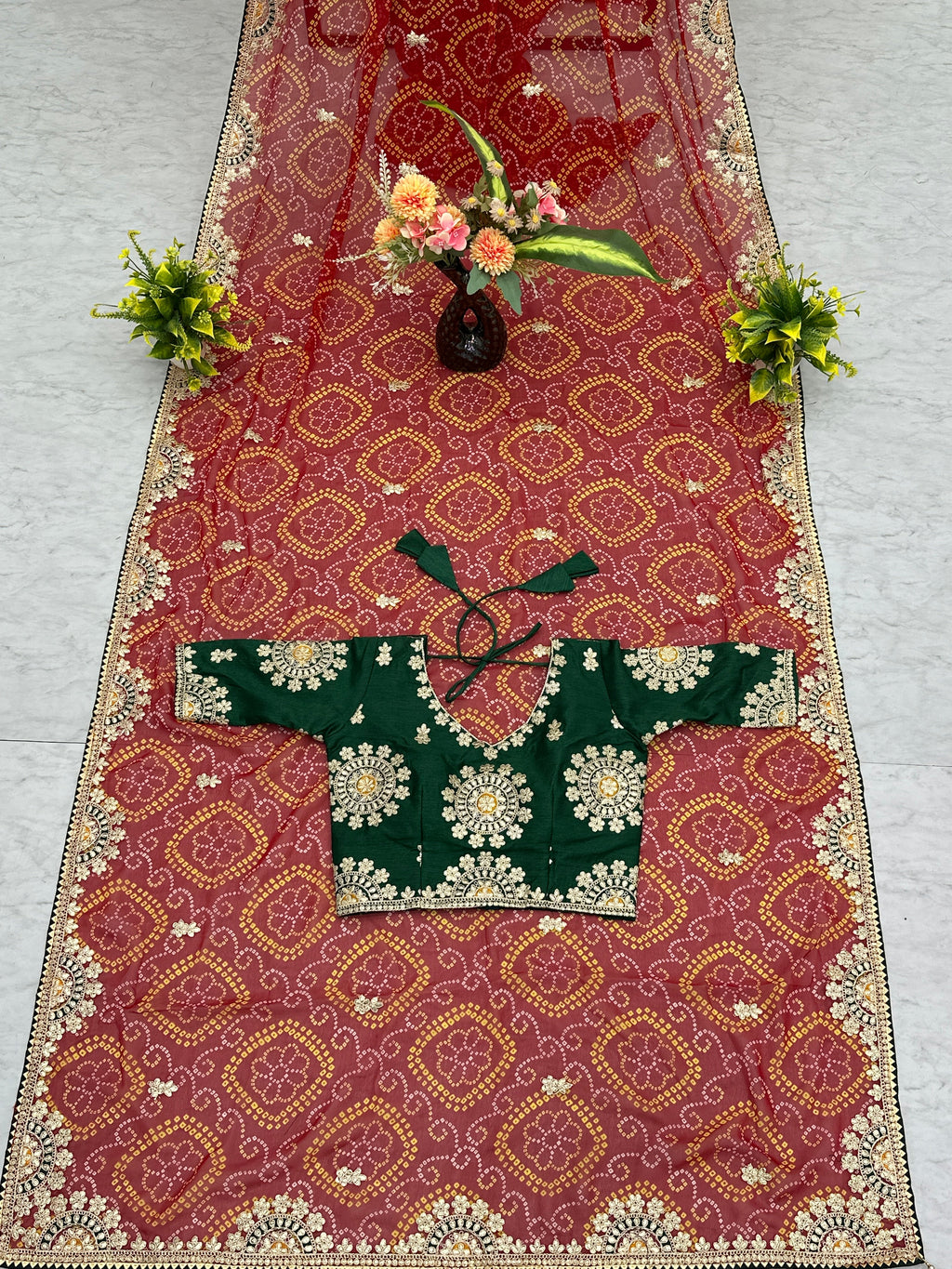 Mrinalini red color gota patti work pure bandhani saree