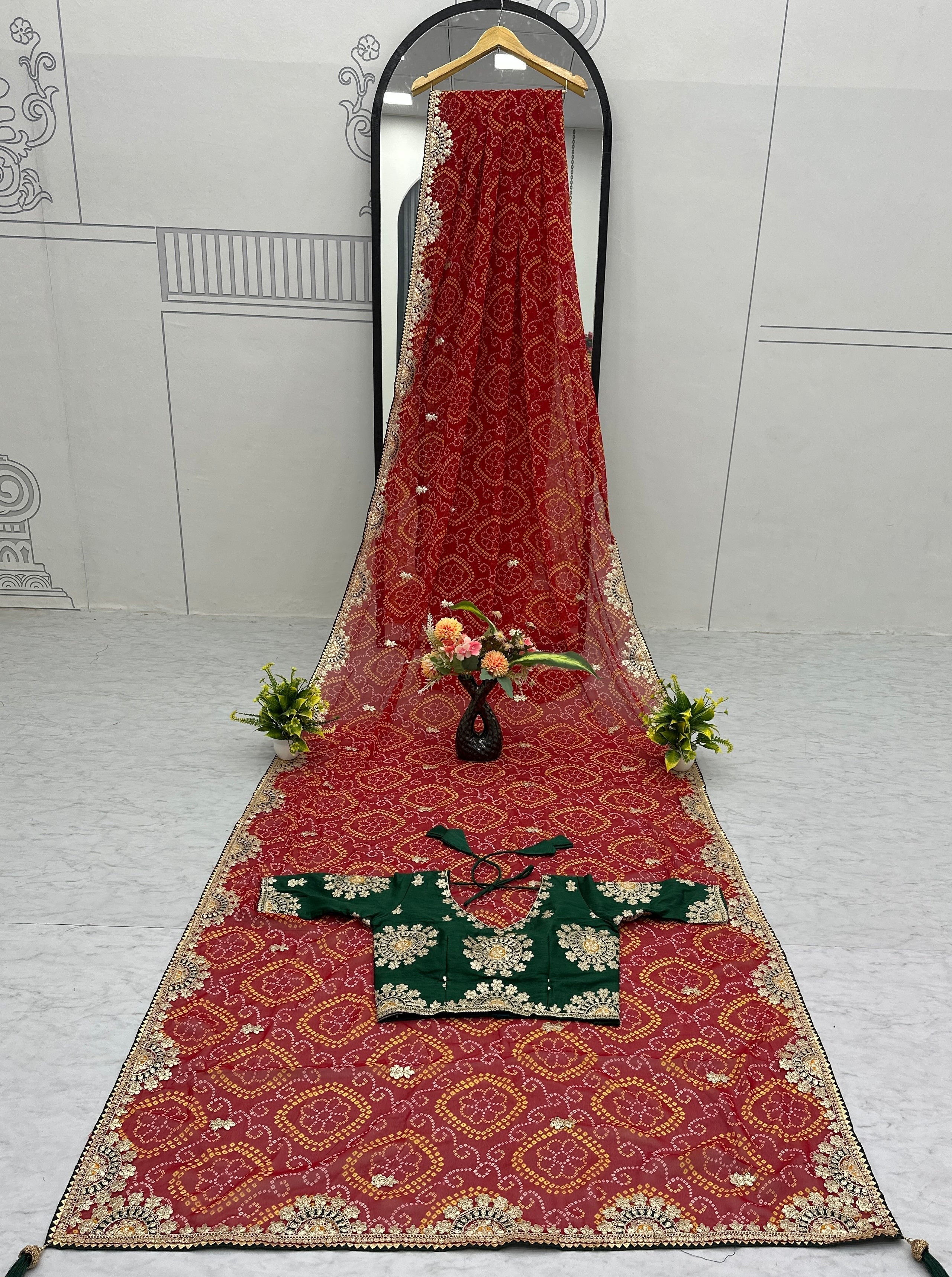 Mrinalini red color gota patti work pure bandhani saree