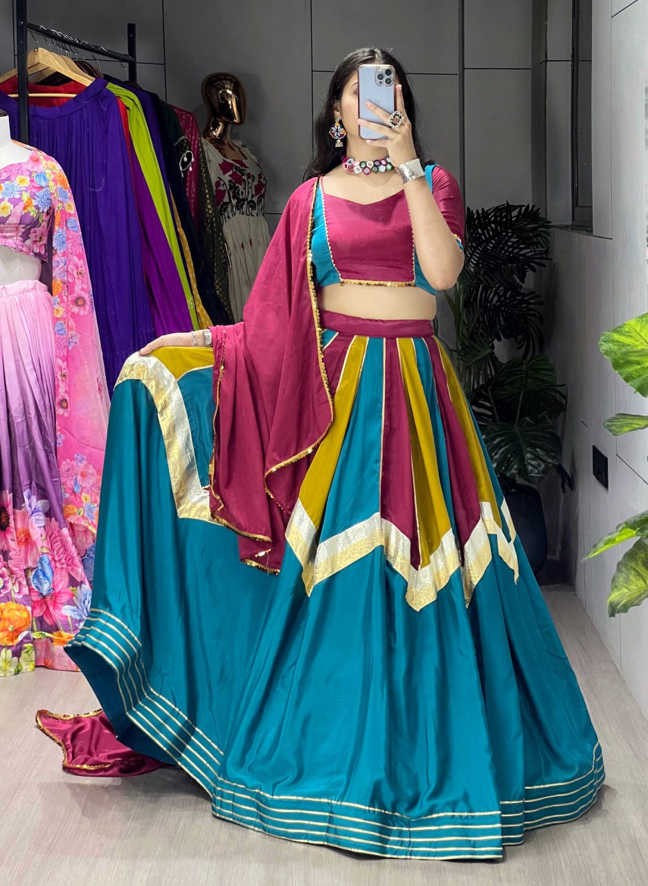 Multicolor chinon embellished kali lace work lehenga choli with dupatta