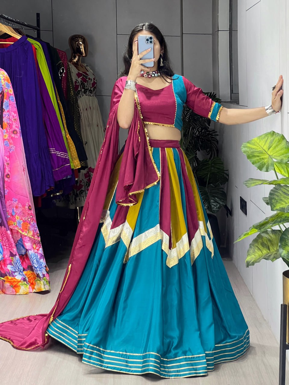 Multicolor chinon embellished kali lace work lehenga choli with dupatta