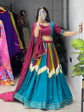Multicolor chinon embellished kali lace work lehenga choli with dupatta
