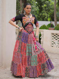 Multicolor cotton print rayon Gamthi embroidered crop top lehenga