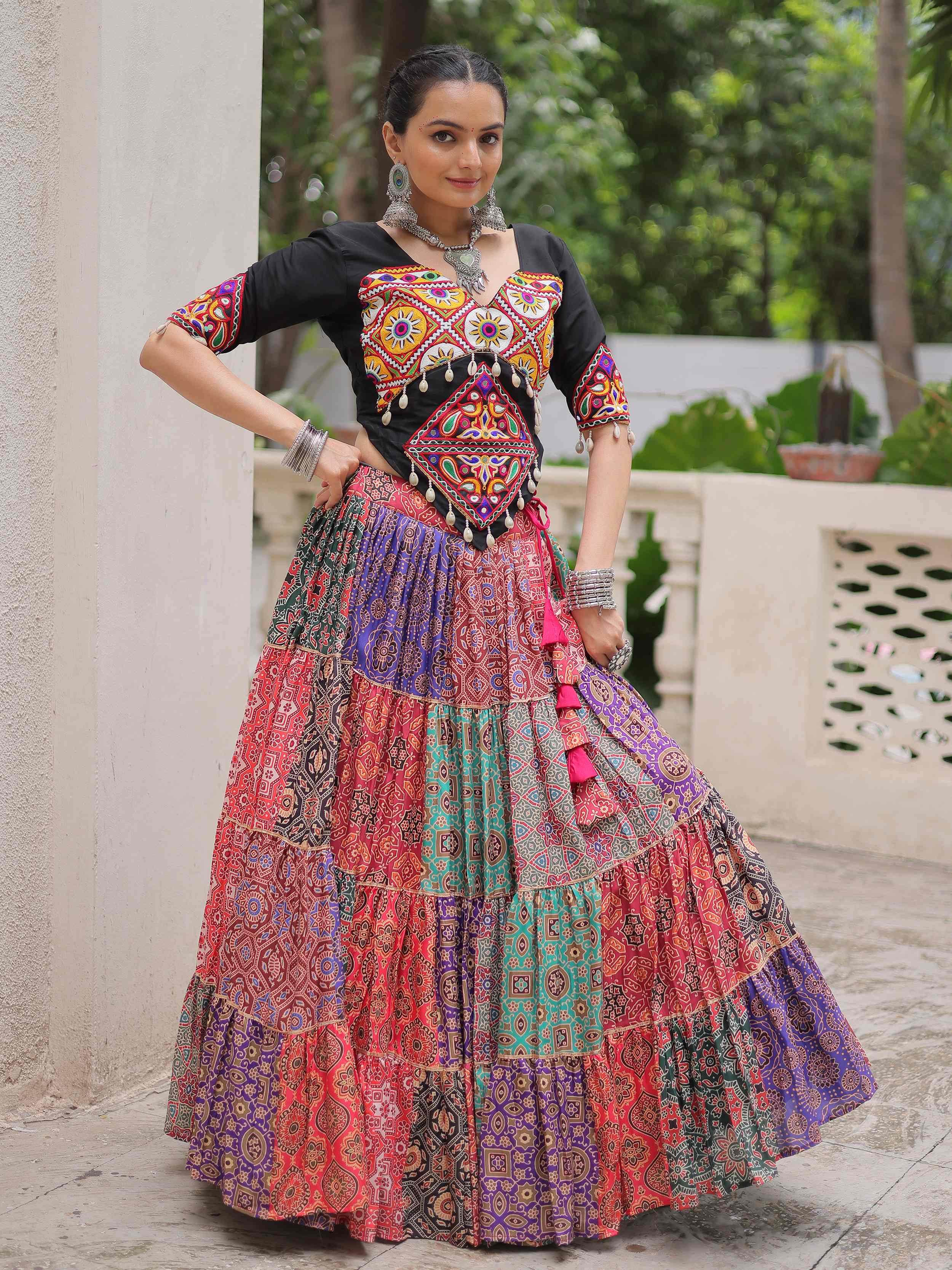 Multicolor cotton print rayon Gamthi embroidered crop top lehenga