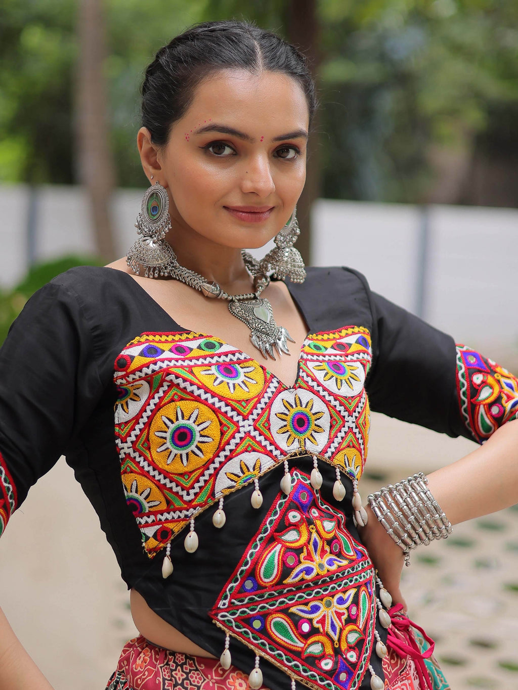 Multicolor cotton print rayon Gamthi embroidered crop top lehenga