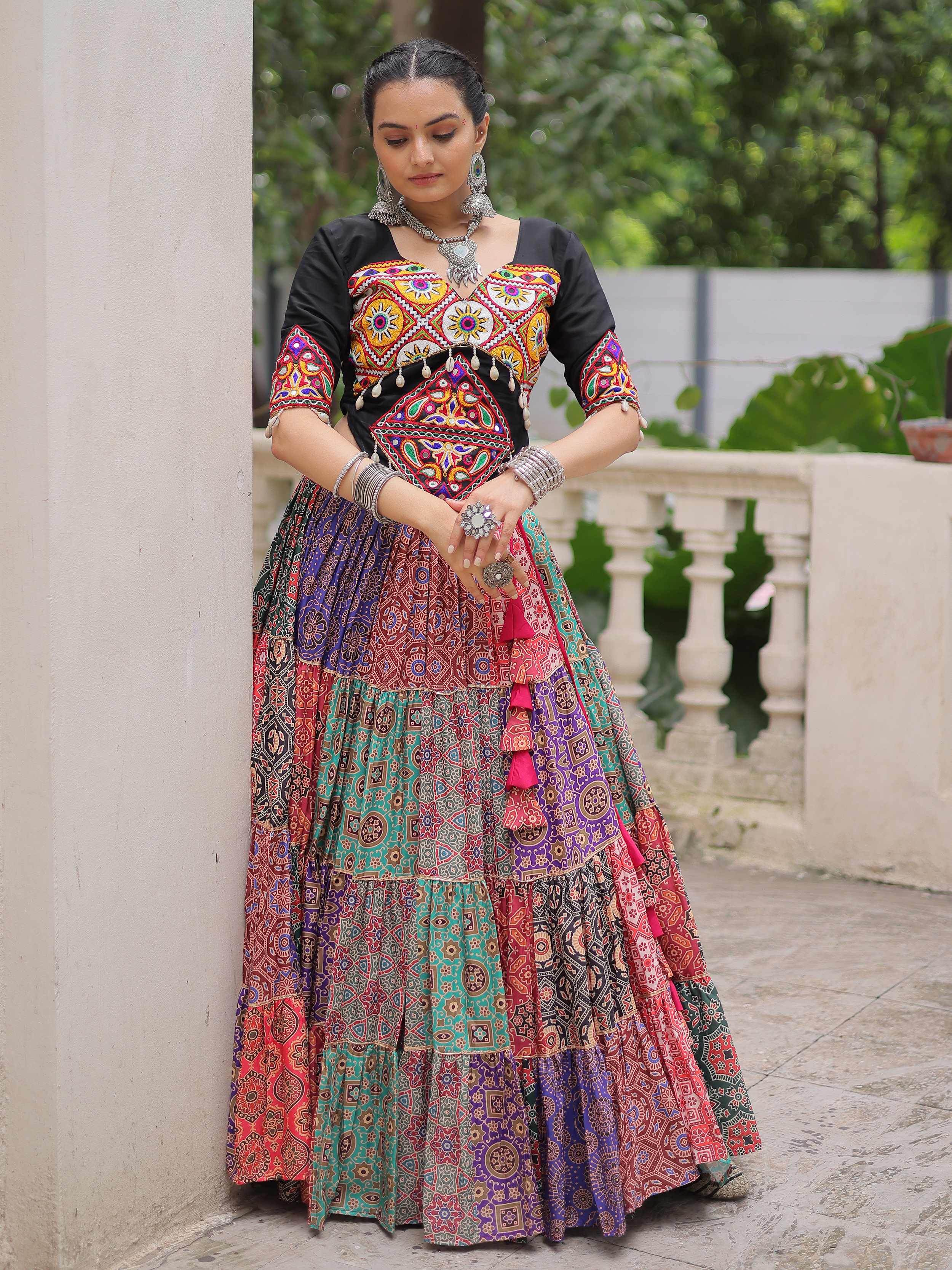 Multicolor cotton print rayon Gamthi embroidered crop top lehenga