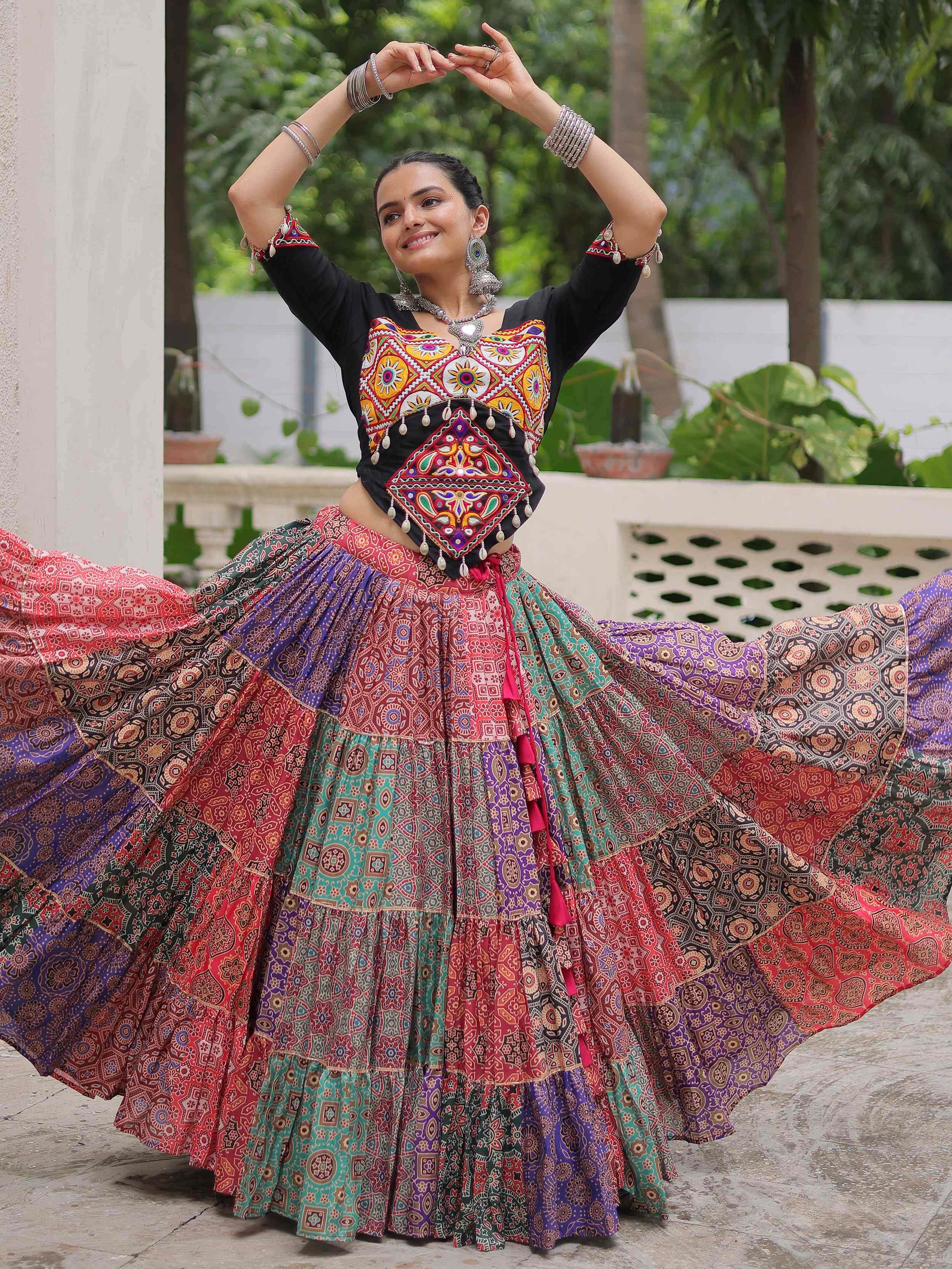 Multicolor cotton print rayon Gamthi embroidered crop top lehenga