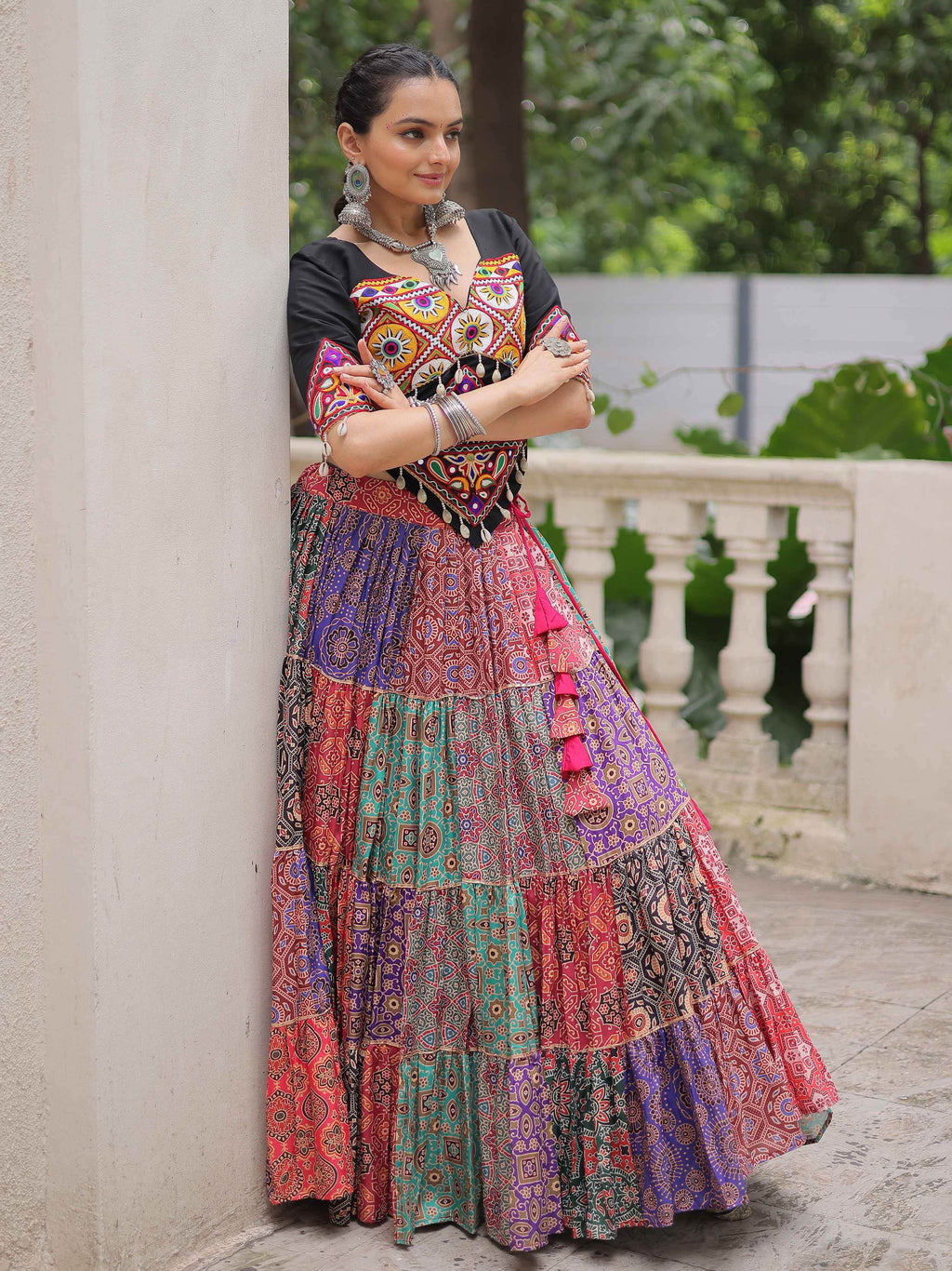 Multicolor cotton print rayon Gamthi embroidered crop top lehenga