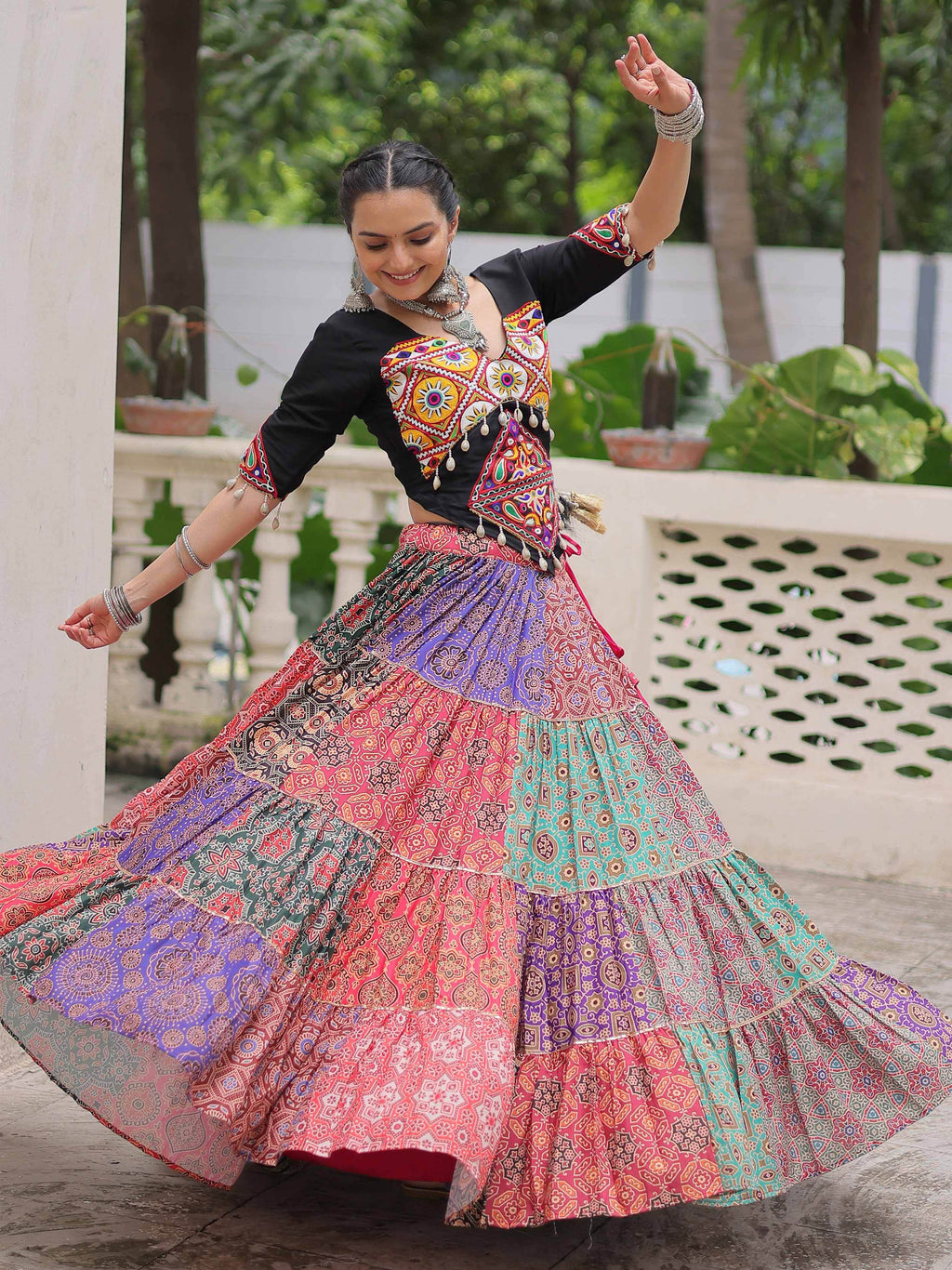 Multicolor cotton print rayon Gamthi embroidered crop top lehenga