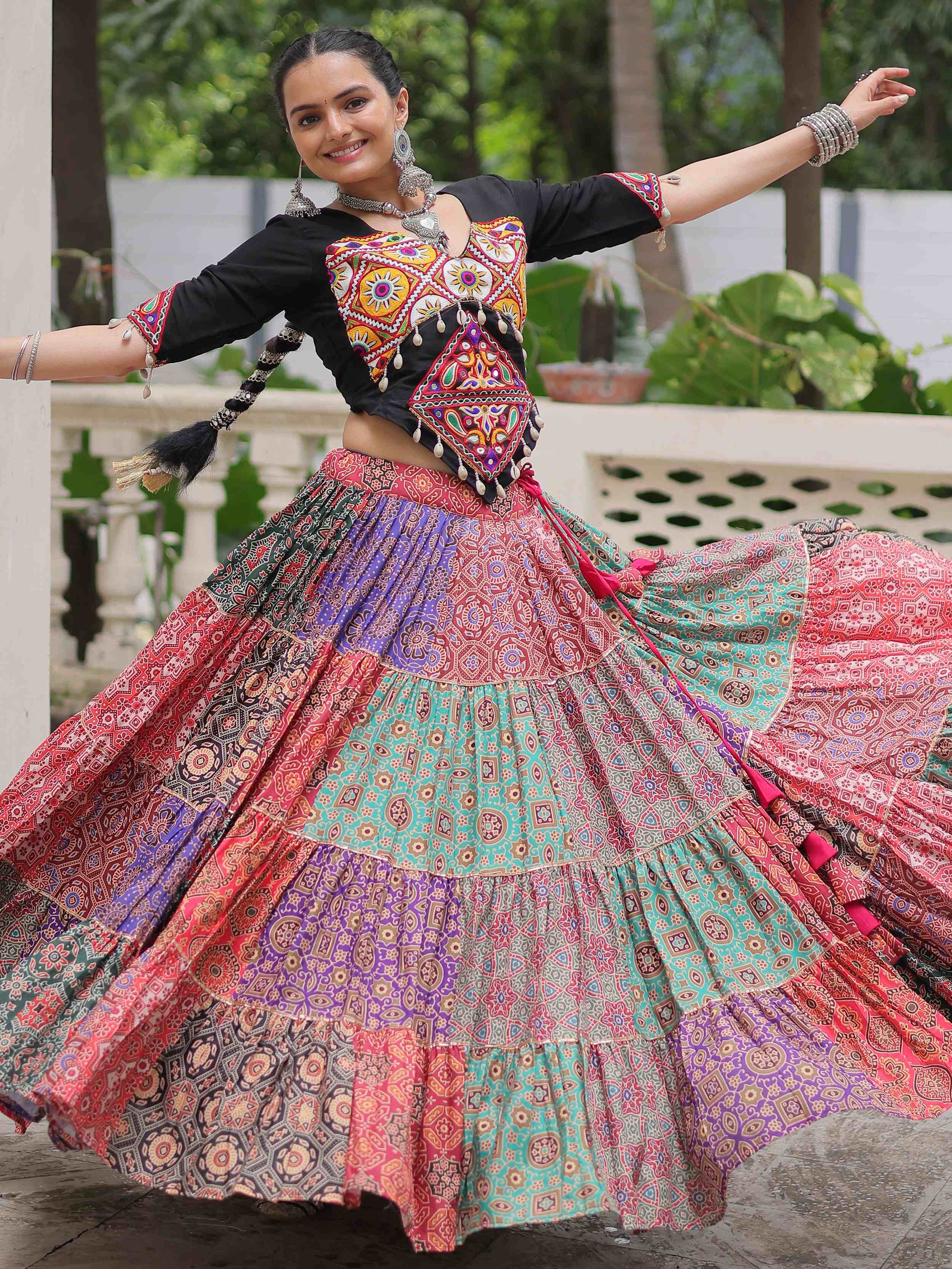 Multicolor cotton print rayon Gamthi embroidered crop top lehenga