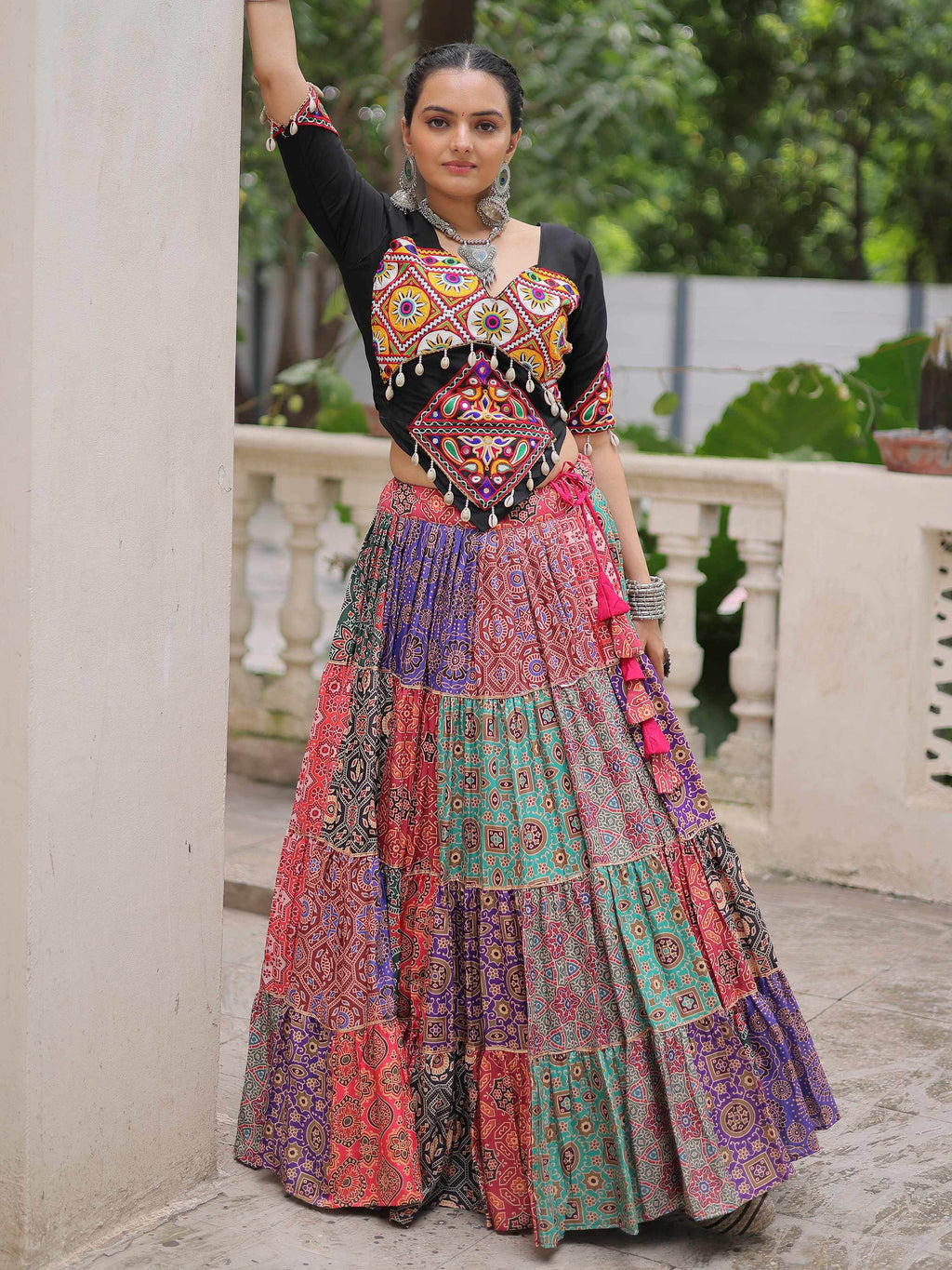 Multicolor cotton print rayon Gamthi embroidered crop top lehenga
