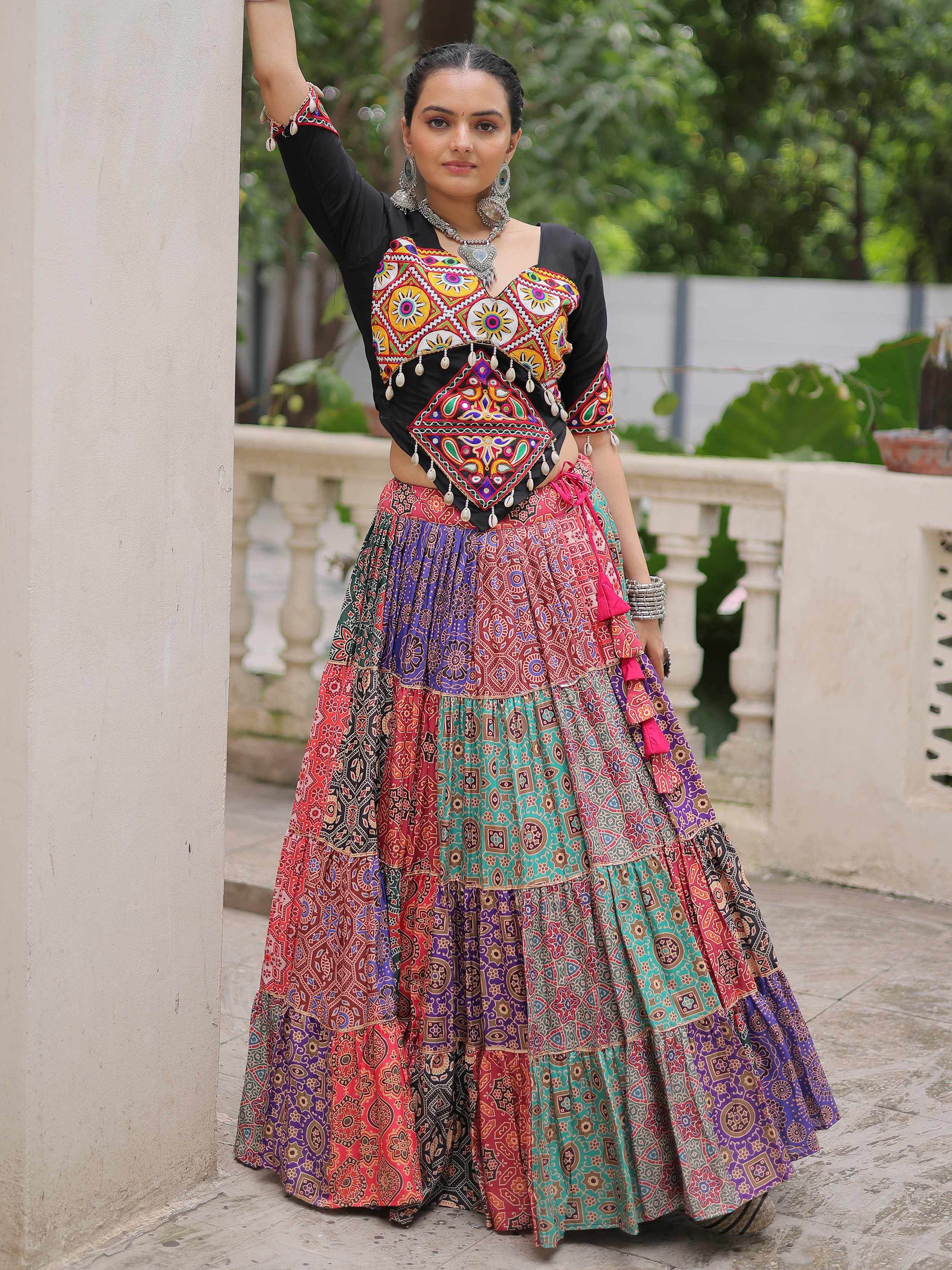 Multicolor cotton print rayon Gamthi embroidered crop top lehenga
