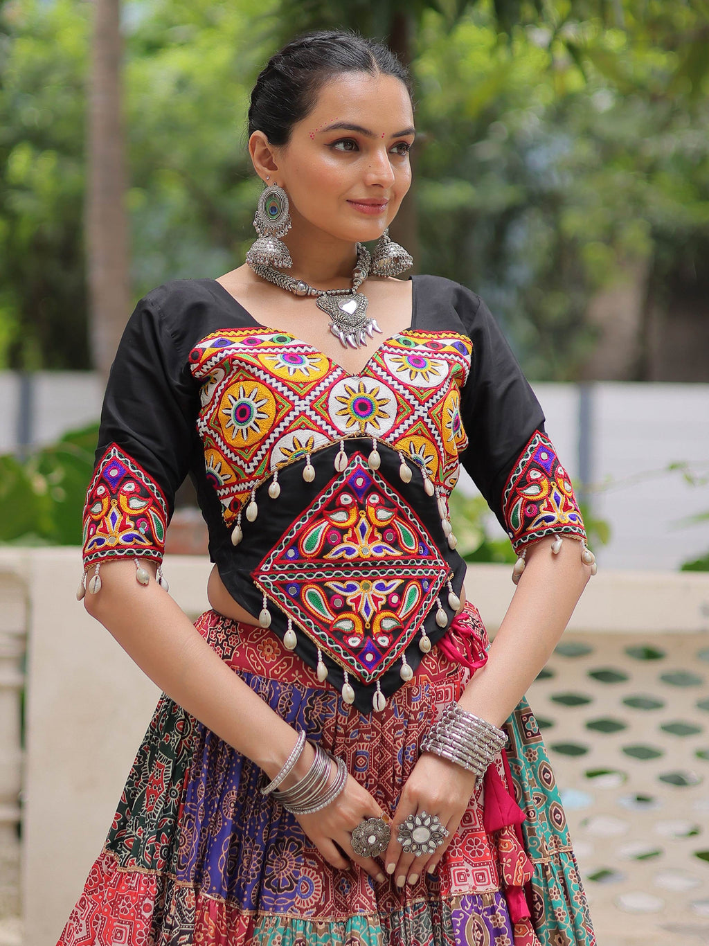 Multicolor cotton print rayon Gamthi embroidered crop top lehenga