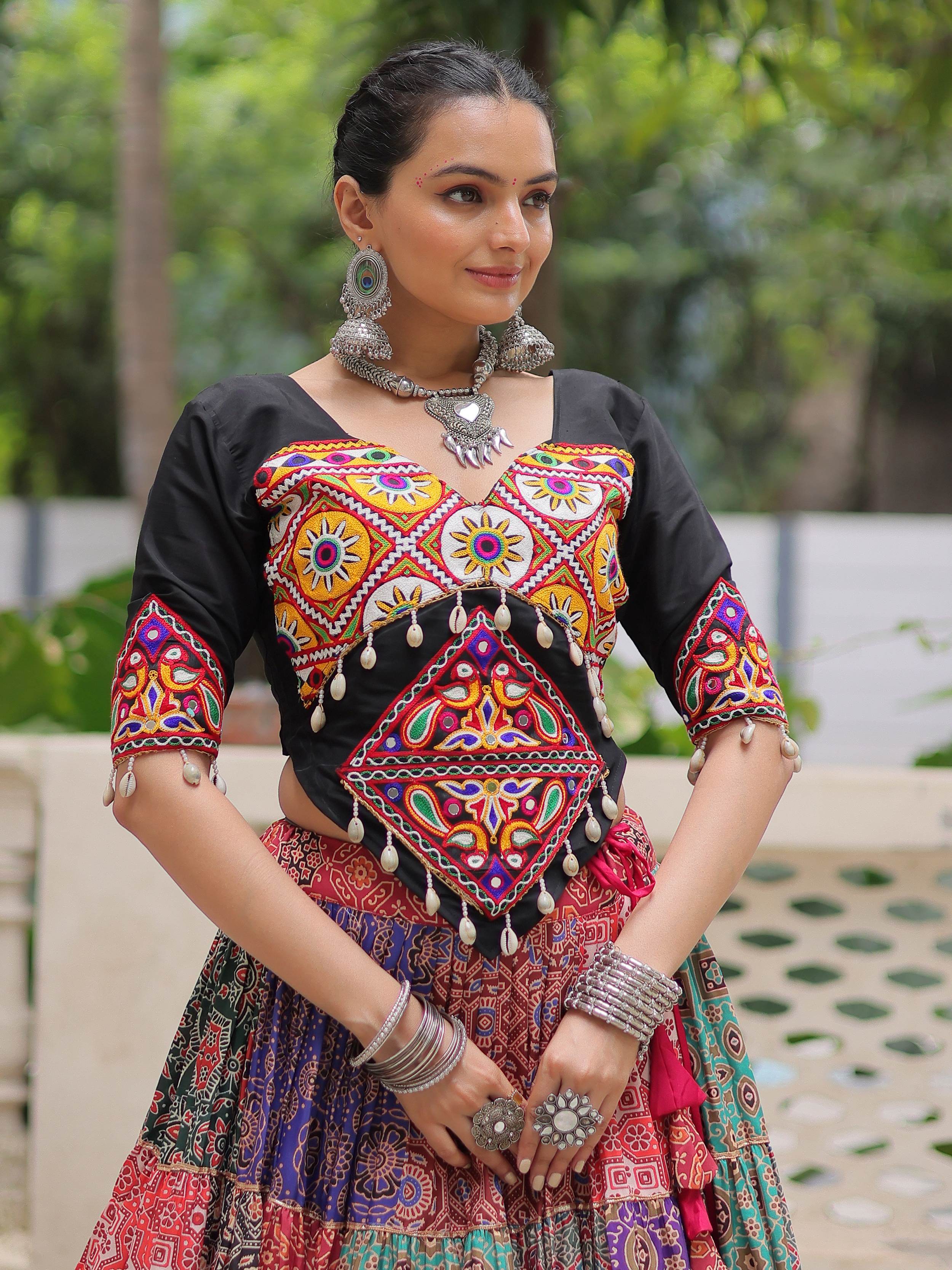 Multicolor cotton print rayon Gamthi embroidered crop top lehenga