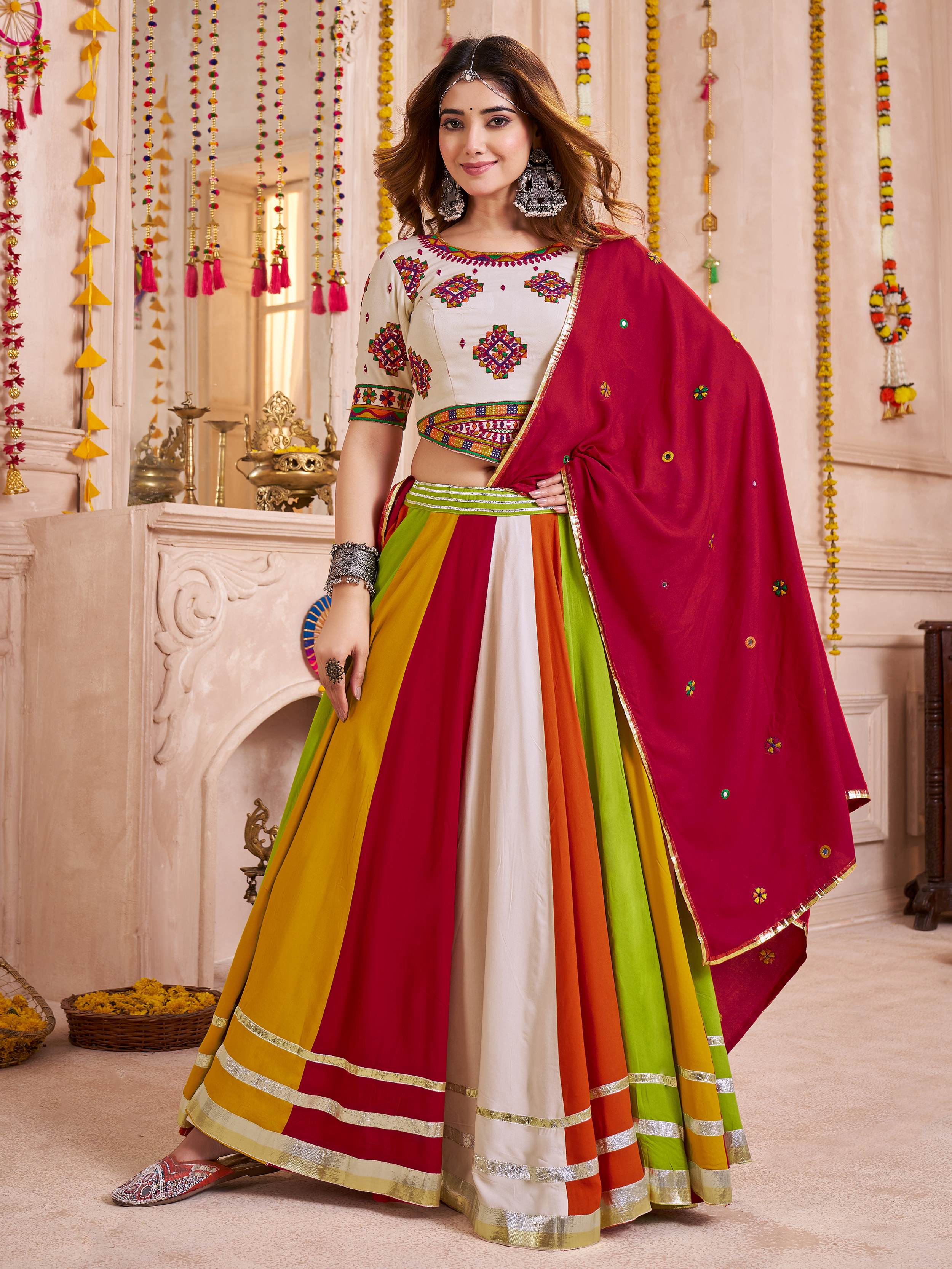 Multicolor cotton thread embroidered lehenga choli with dupatta