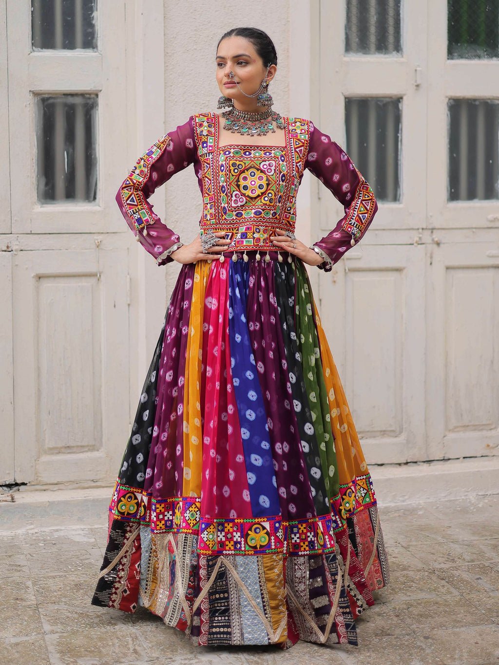 Multicolor georgette Bandhani print and Gamthi embellished work lehenga choli