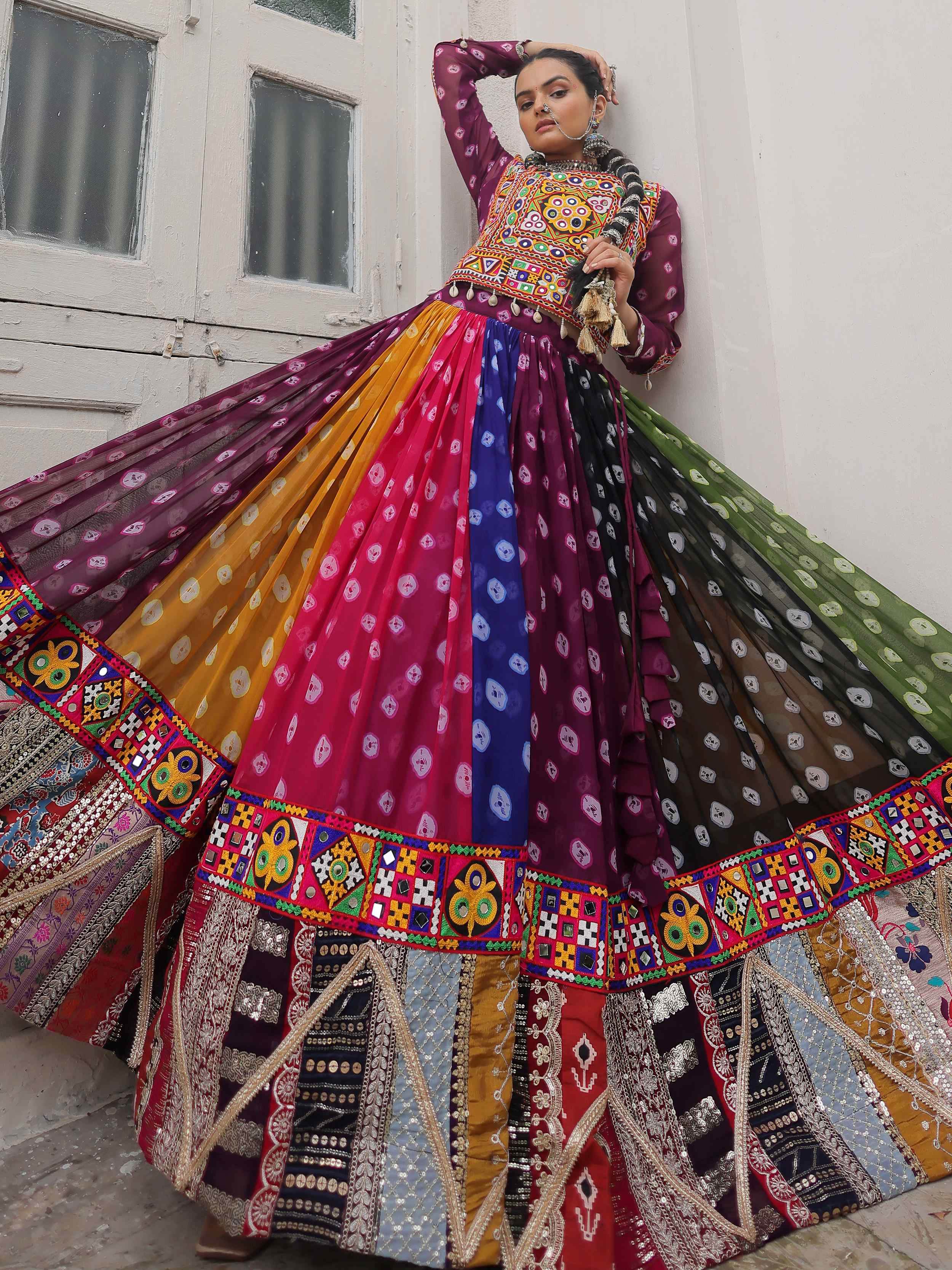 Multicolor georgette Bandhani print and Gamthi embellished work lehenga choli