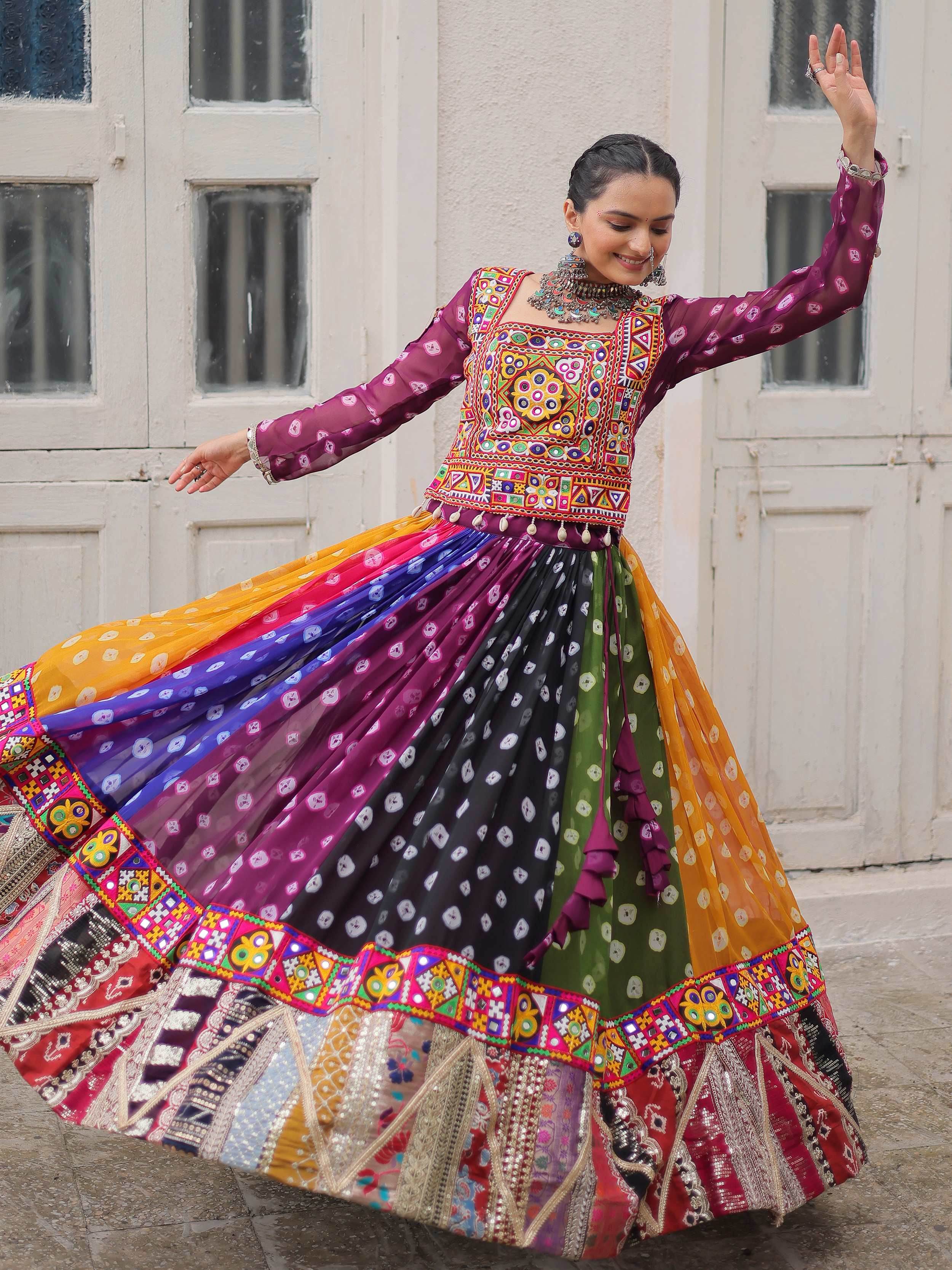 Multicolor georgette Bandhani print and Gamthi embellished work lehenga choli