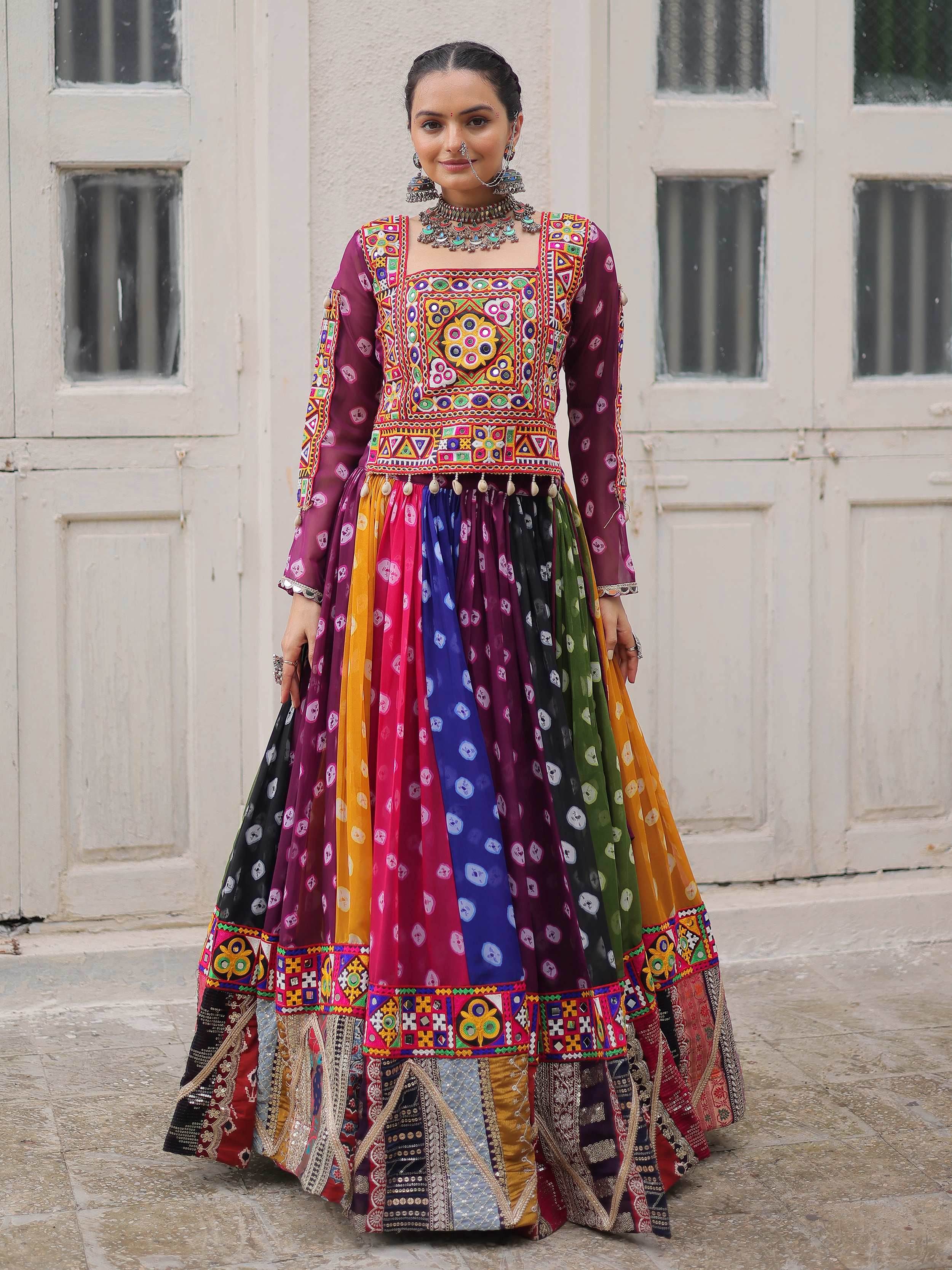 Multicolor georgette Bandhani print and Gamthi embellished work lehenga choli