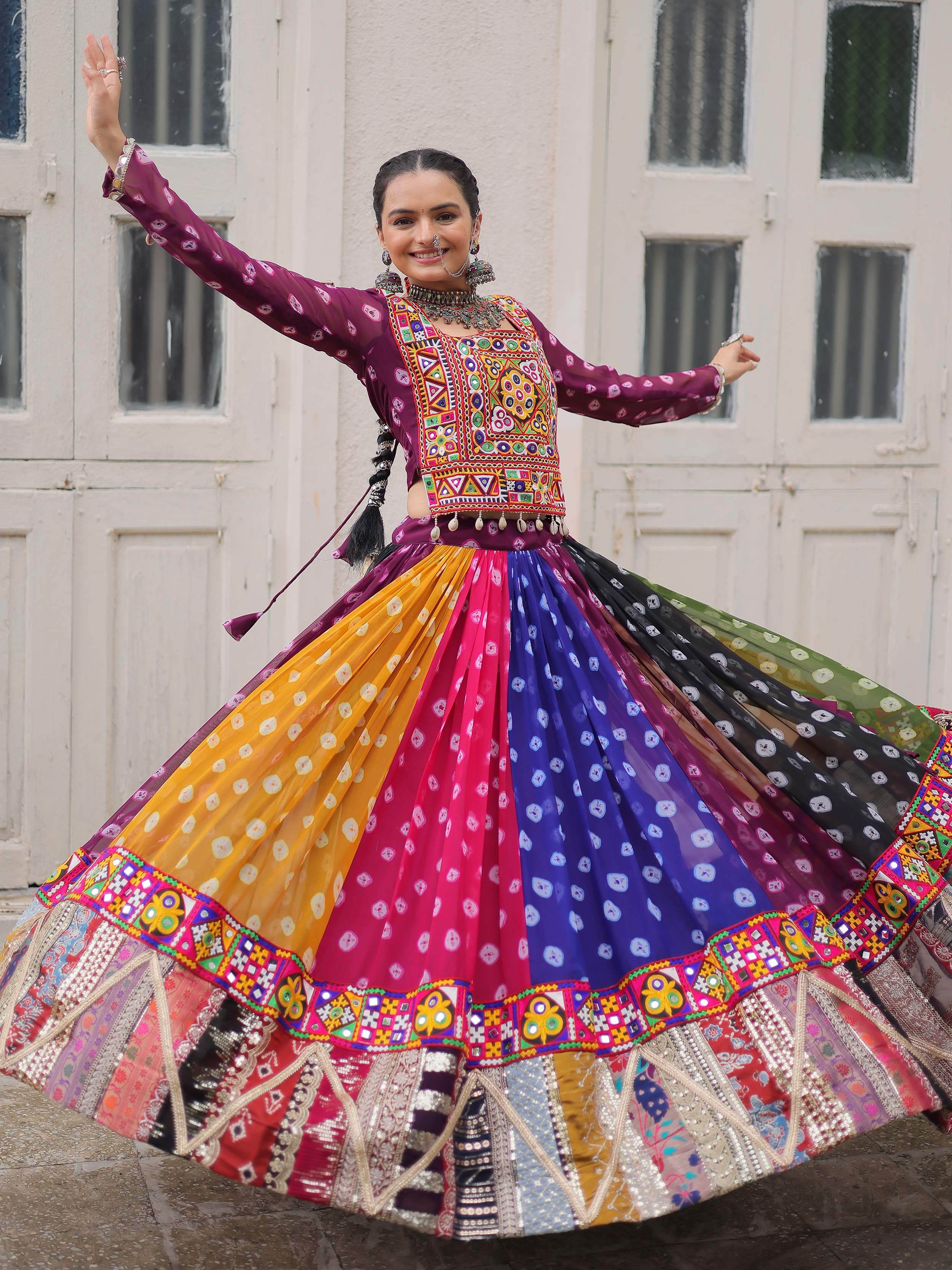 Multicolor georgette Bandhani print and Gamthi embellished work lehenga choli
