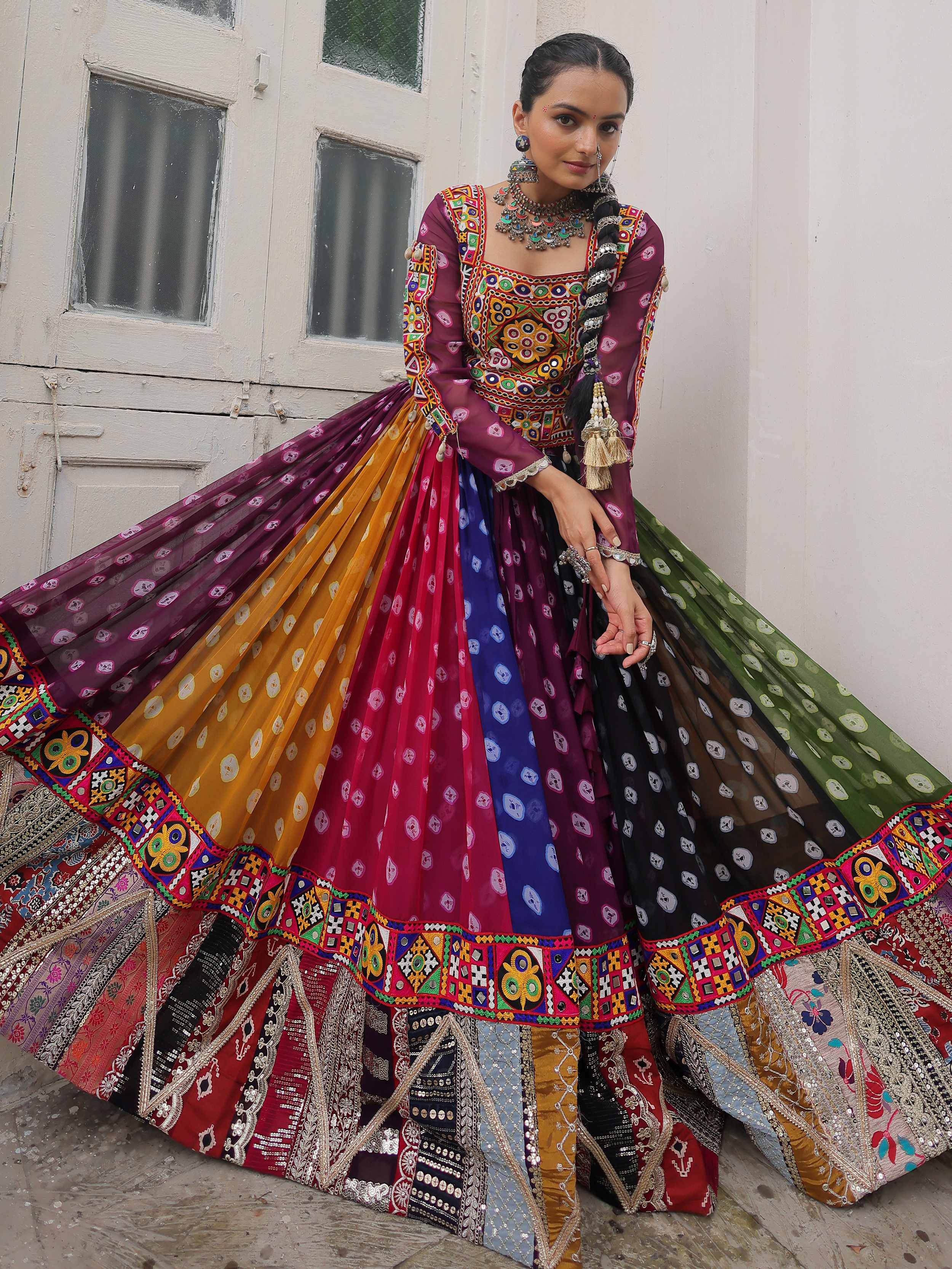 Multicolor georgette Bandhani print and Gamthi embellished work lehenga choli