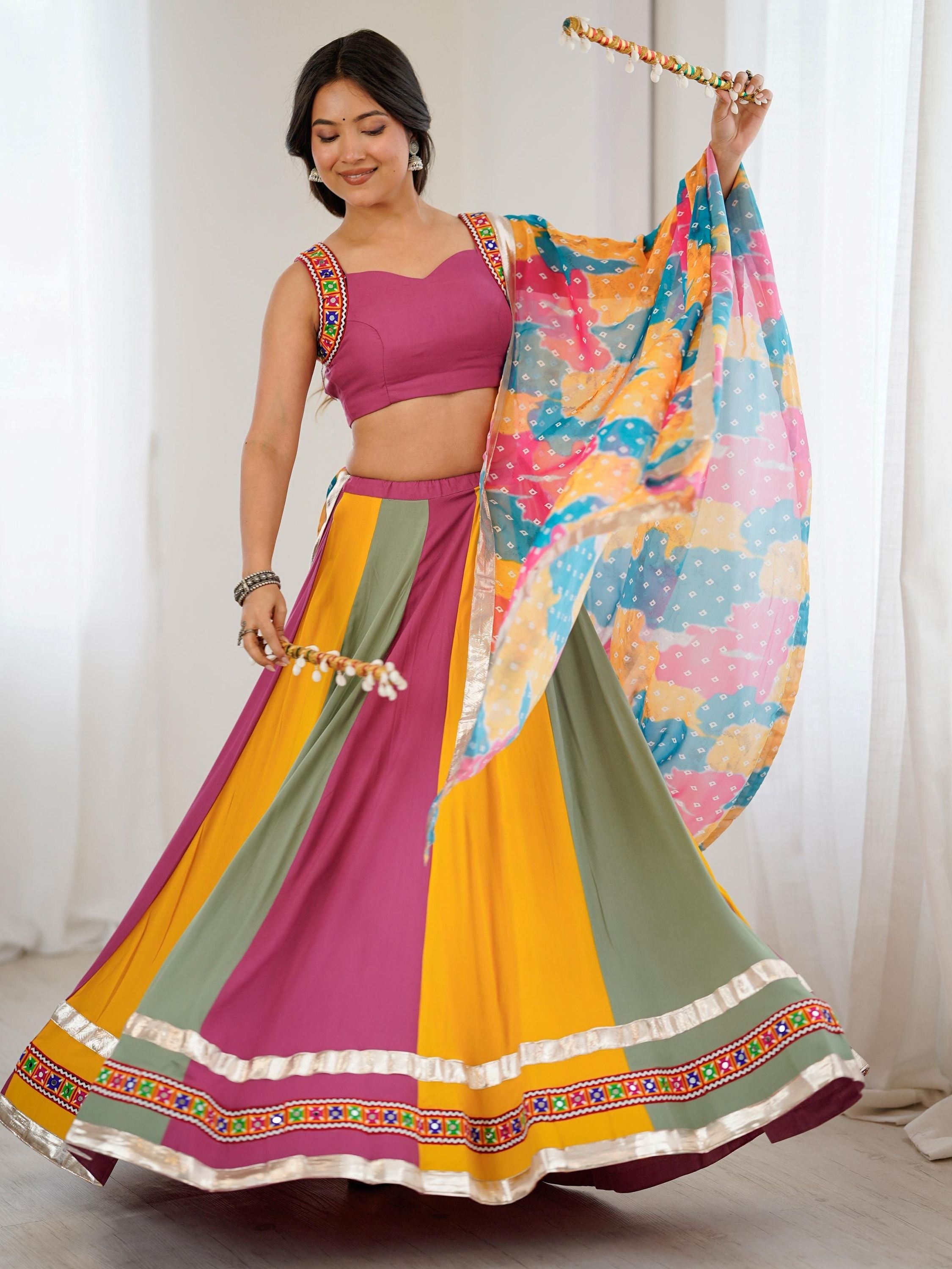 Multicolor rayon Gamthi thread mirror work Navratri lehenga choli with dupatta
