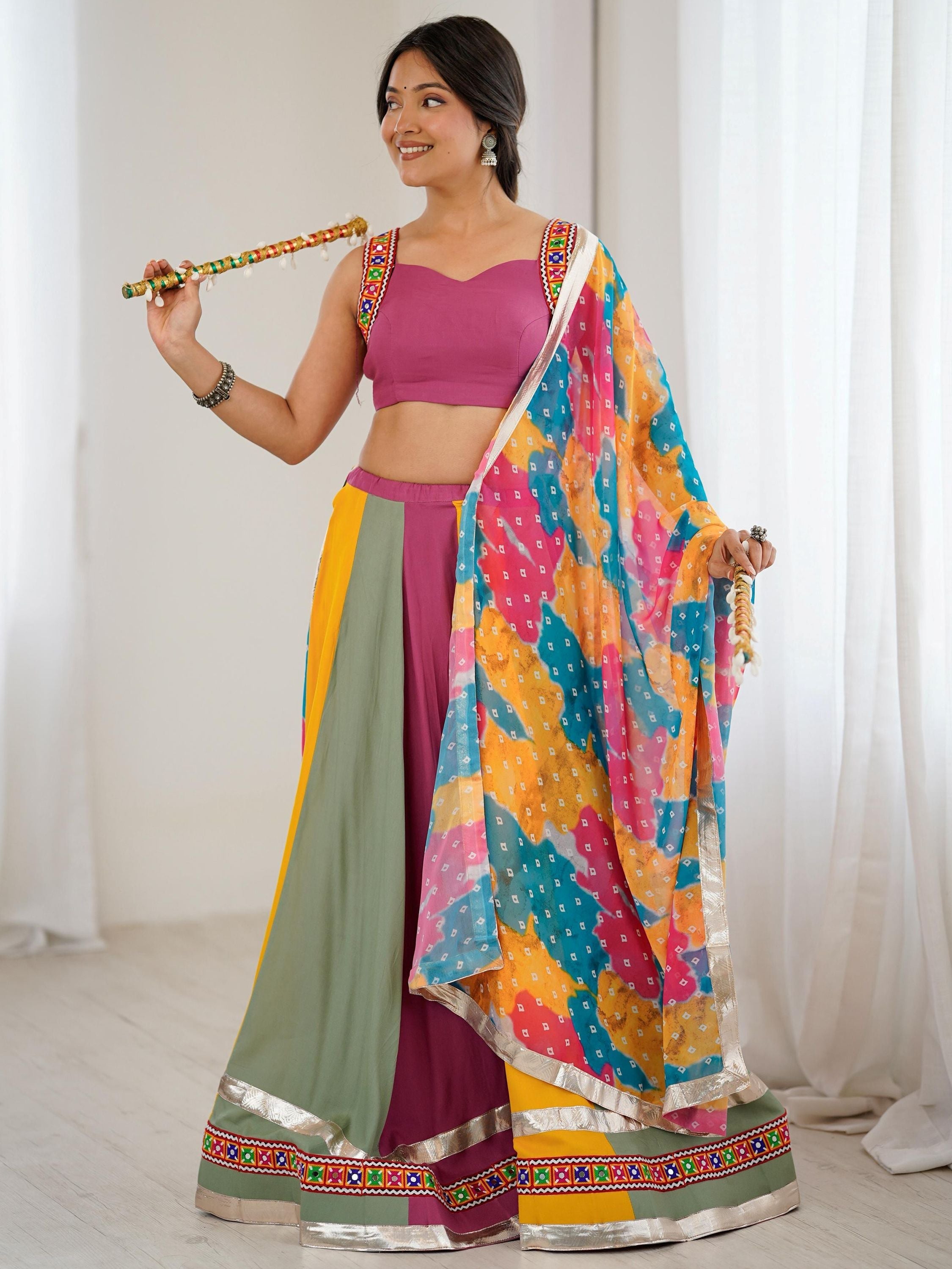 Multicolor rayon Gamthi thread mirror work Navratri lehenga choli with dupatta