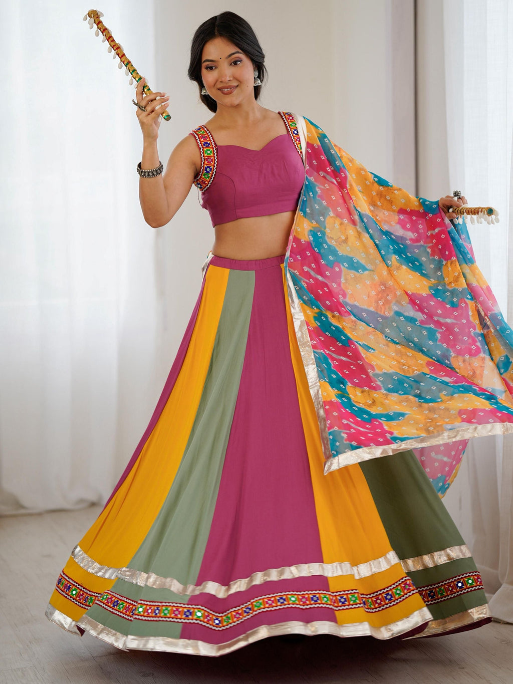 Multicolor rayon Gamthi thread mirror work Navratri lehenga choli with dupatta