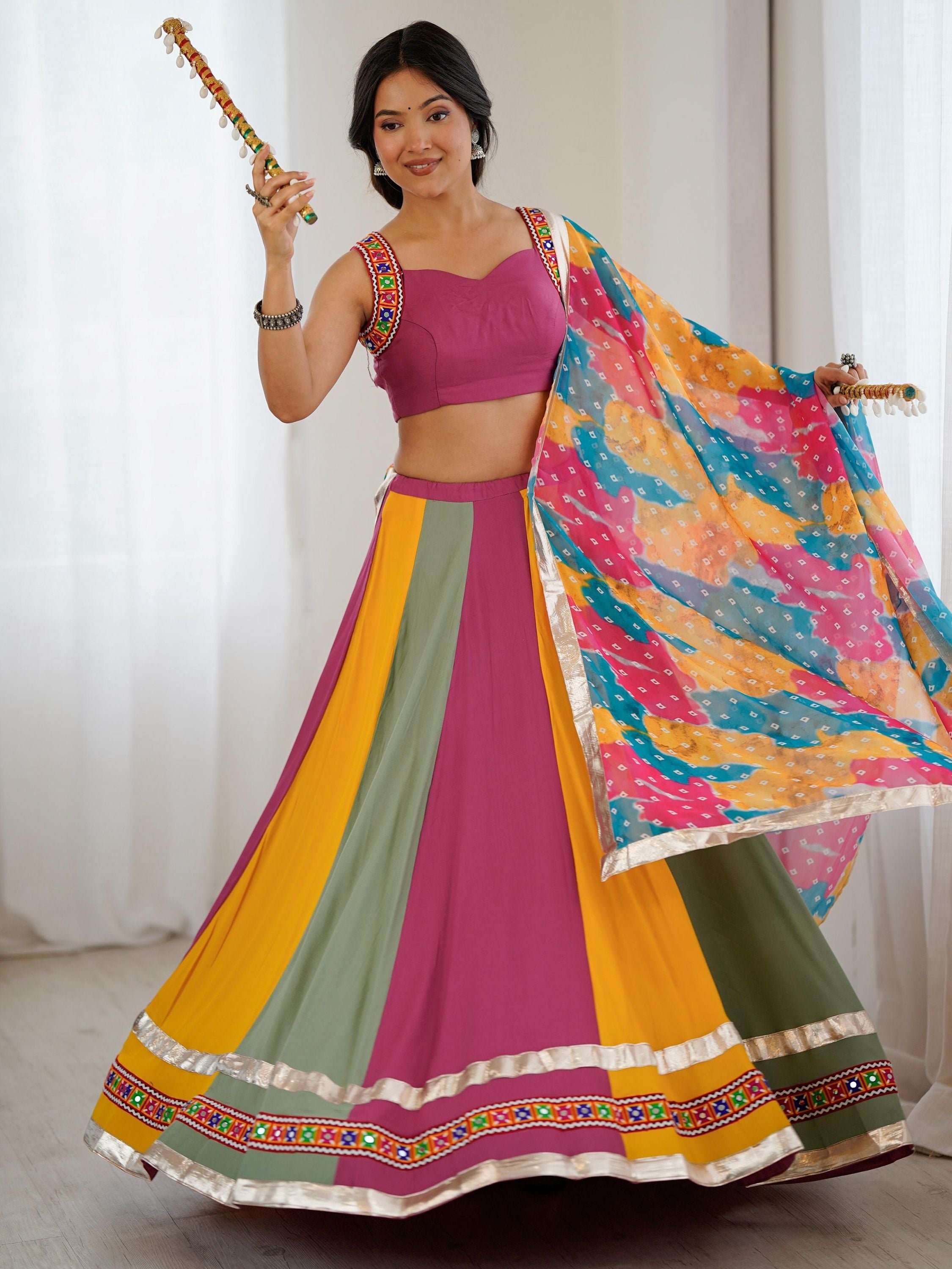Multicolor rayon Gamthi thread mirror work Navratri lehenga choli with dupatta