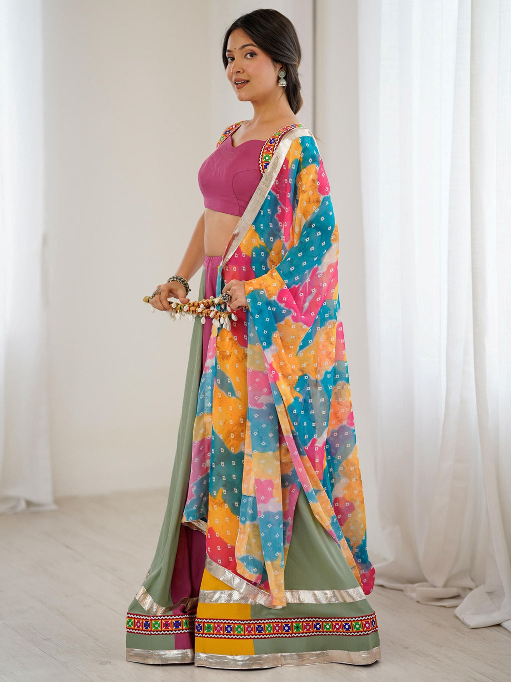 Multicolor rayon Gamthi thread mirror work Navratri lehenga choli with dupatta