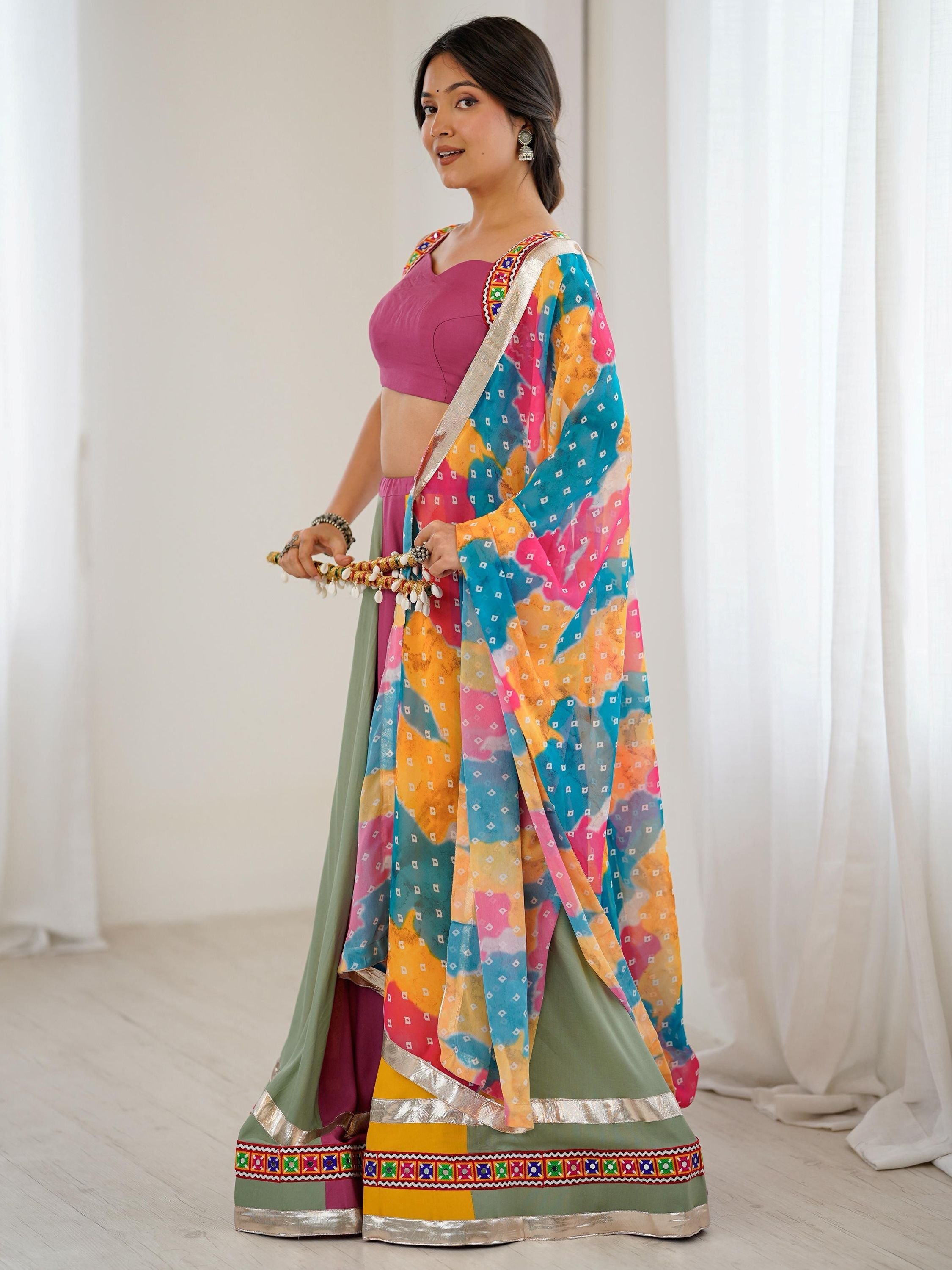 Multicolor rayon Gamthi thread mirror work Navratri lehenga choli with dupatta