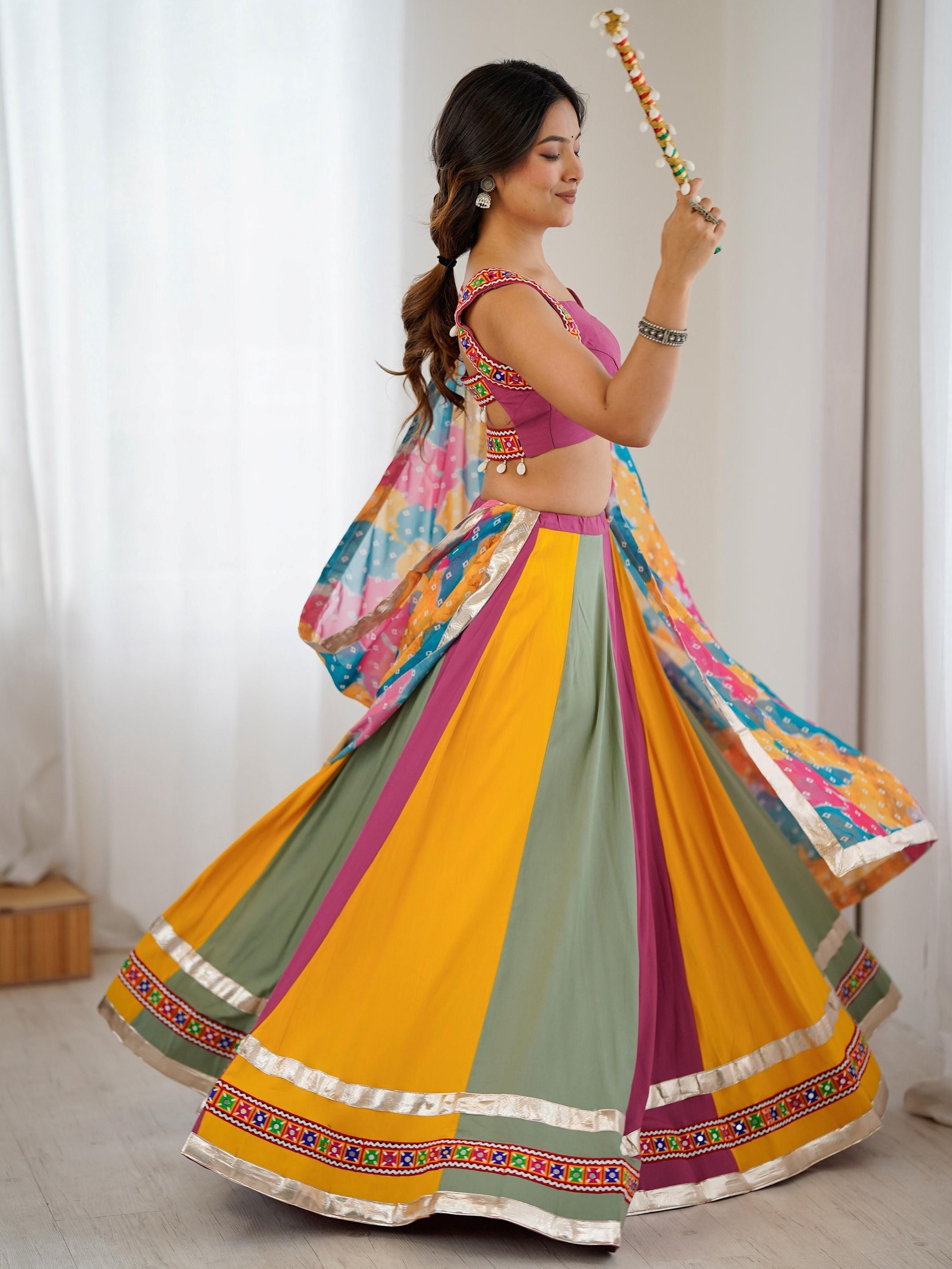 Multicolor rayon Gamthi thread mirror work Navratri lehenga choli with dupatta