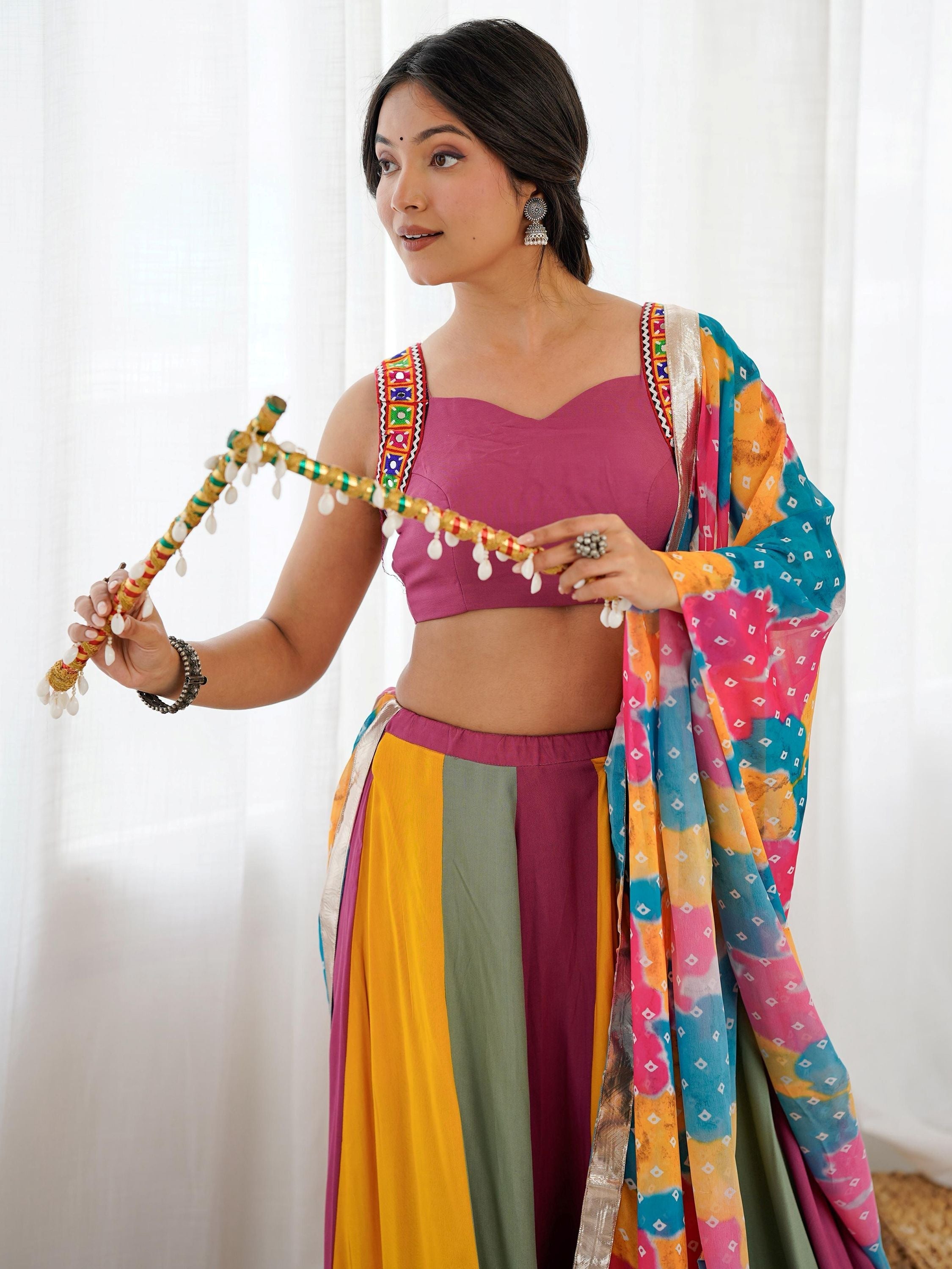 Multicolor rayon Gamthi thread mirror work Navratri lehenga choli with dupatta