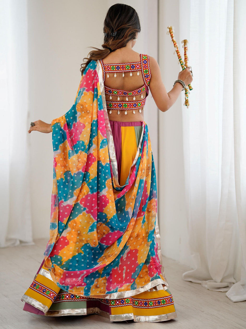 Multicolor rayon Gamthi thread mirror work Navratri lehenga choli with dupatta