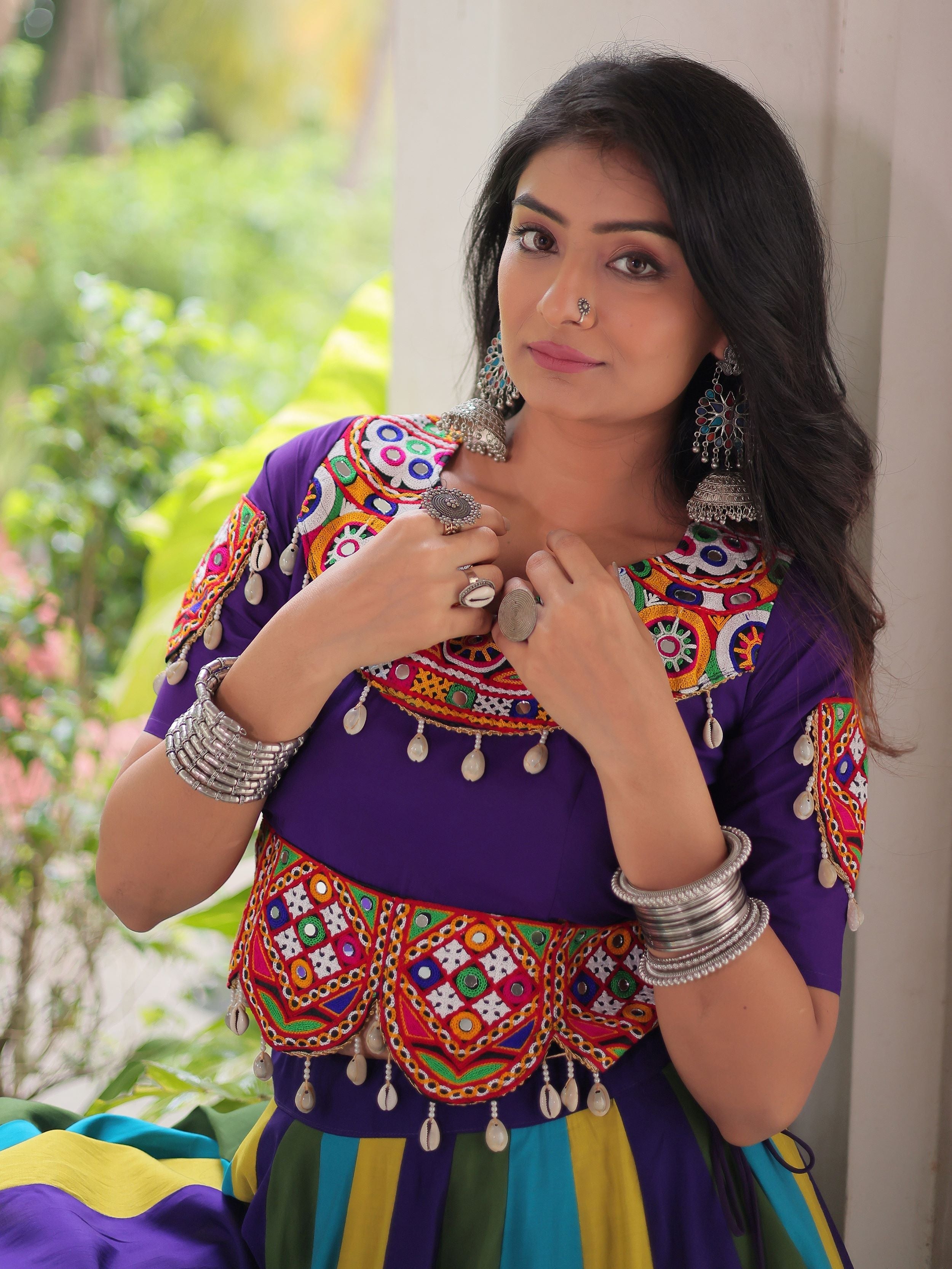 Multicolor Roman silk Gamthi mirror work lehenga with blouse